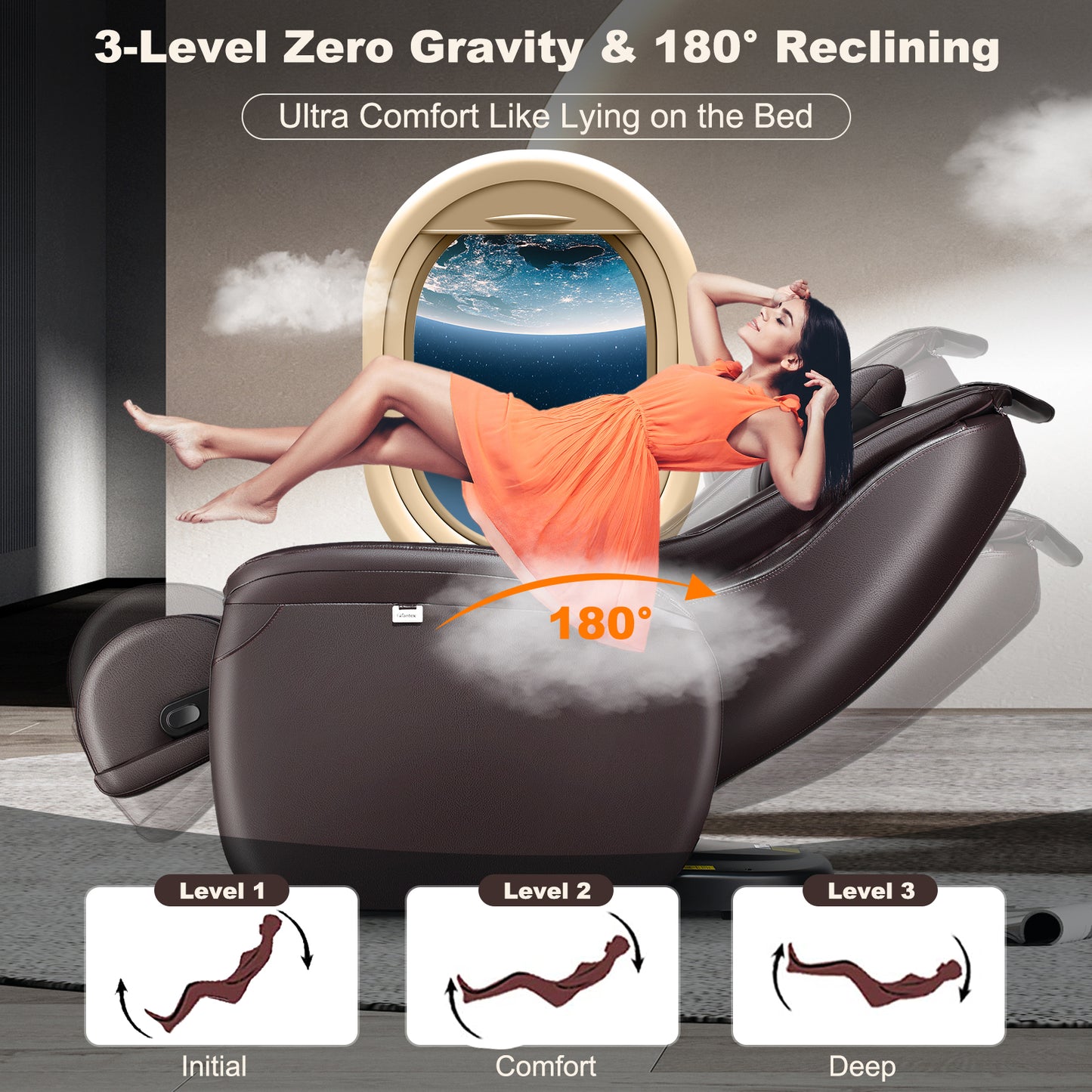3D Zero Gravity Massage Chair with Full Body Massage and Back Heater -Brown 180 reclining and 3 level of zero gravity