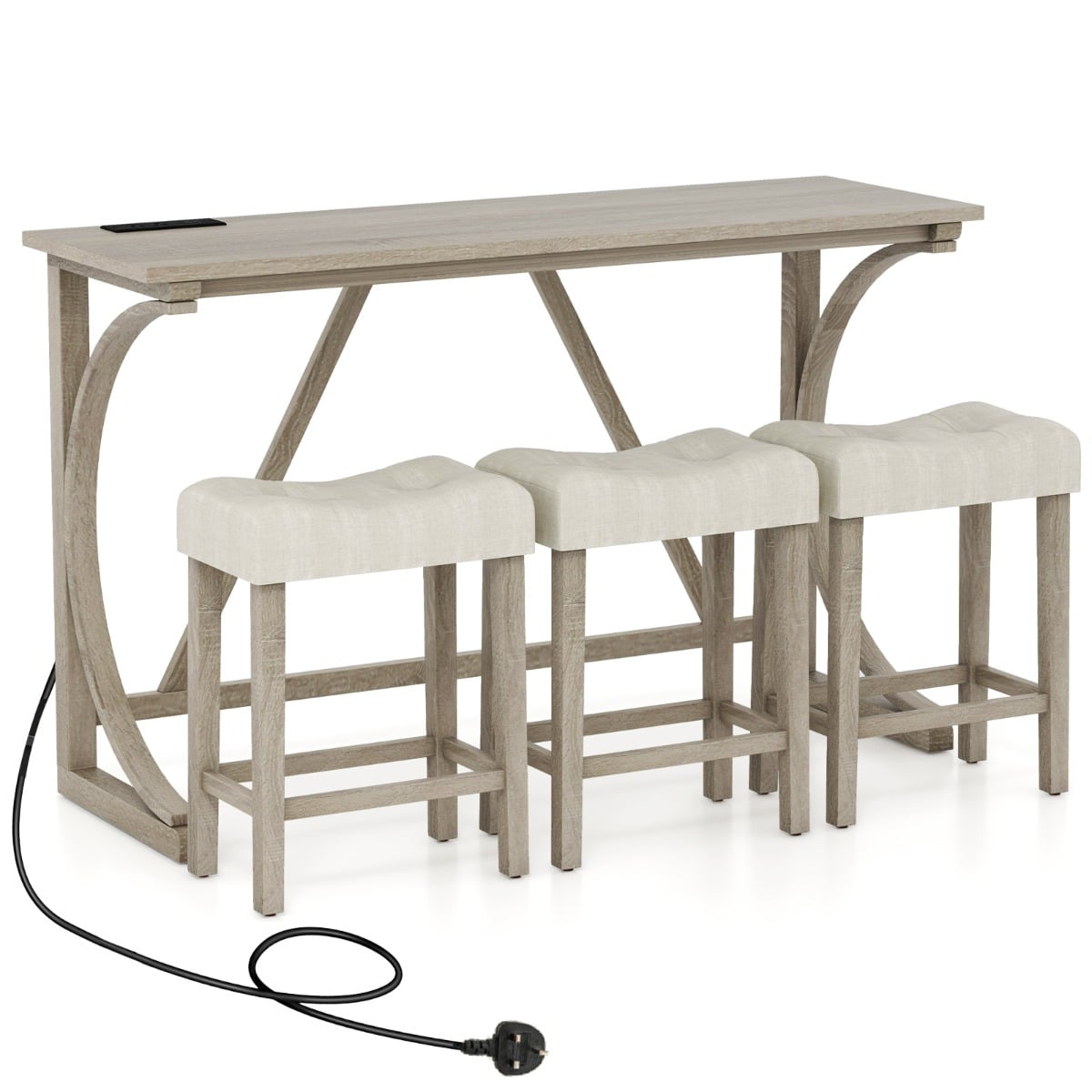 4-Piece Height Bistro Table and Saddle Seat Stools with Power Outlet-Grey
