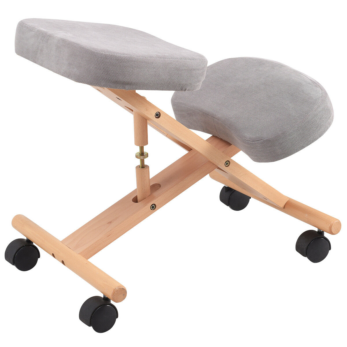Knee stool with gray cushions and wooden frame on a white background