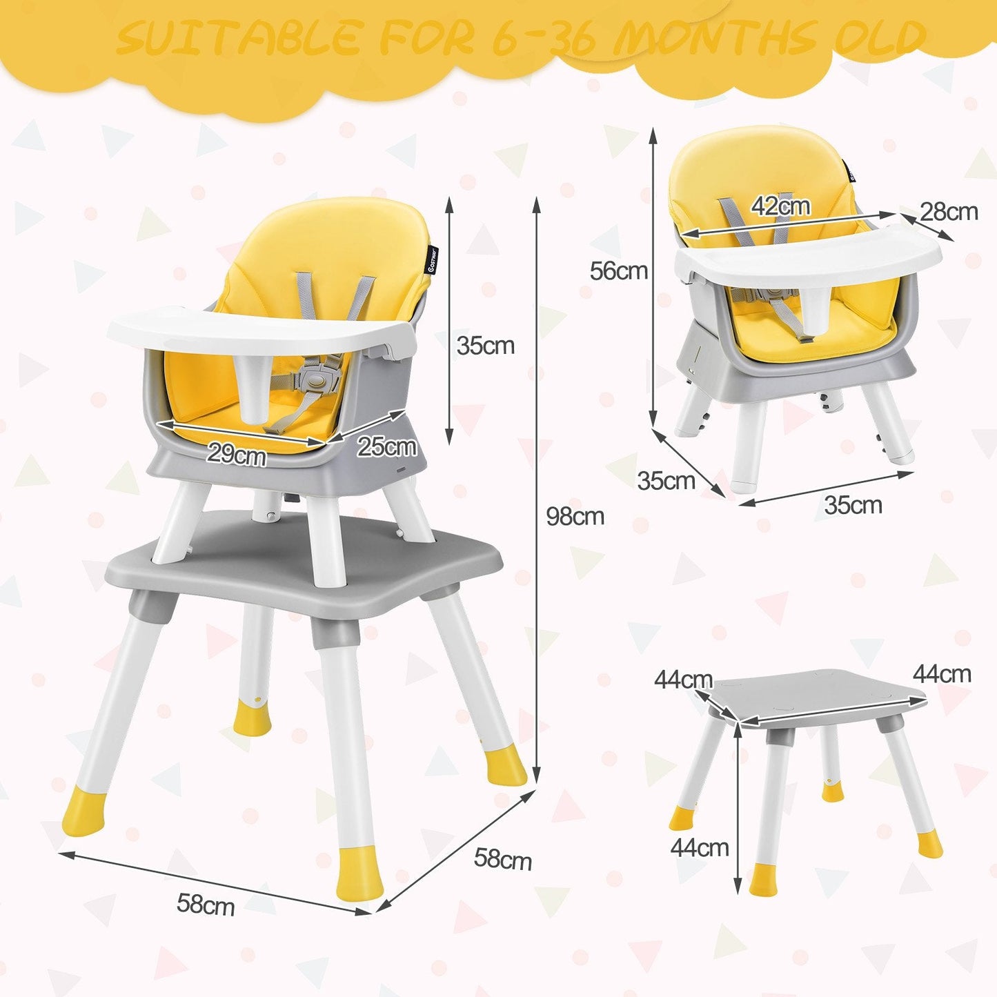 6 - in - 1 Baby High Chair with 5 - Point Harness and Removable Tray - Yellow - ChairwayUKBaby ChairAD10027YE6 - in - 1 Baby High Chair with 5 - Point Harness and Removable Tray - Yellow