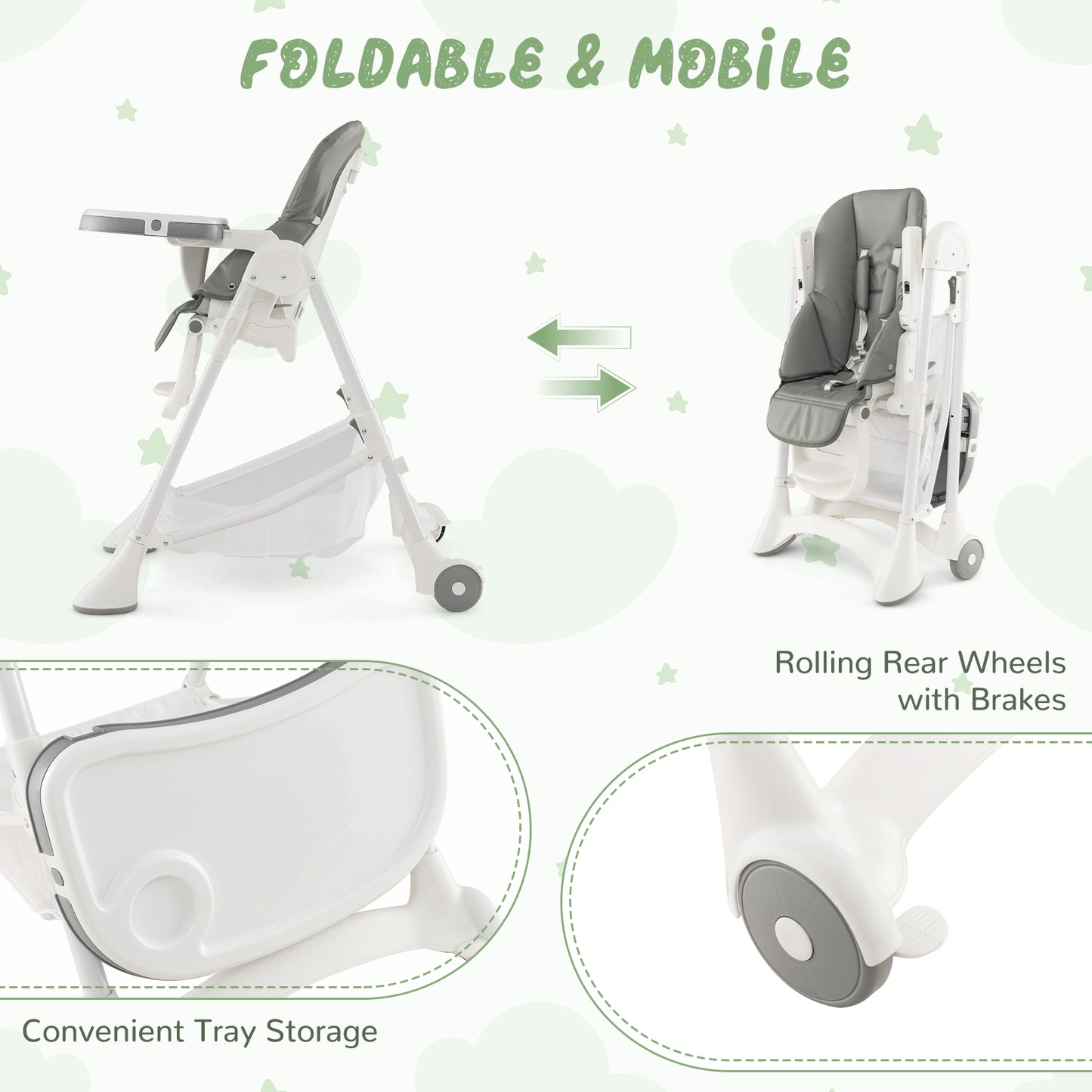 Baby High Chair with Detachable PU Cushion and Lockable Wheels - ChairwayUK