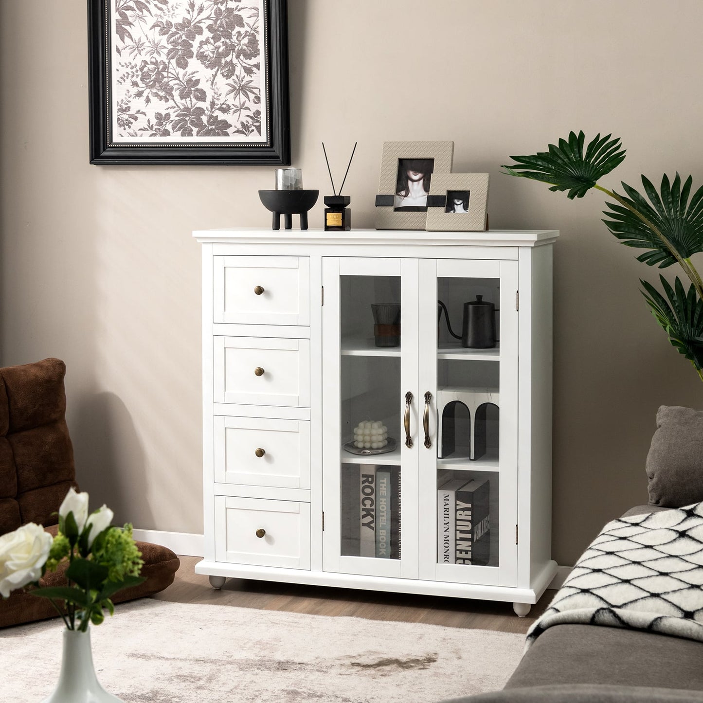 Buffet Sideboard with Glass Doors, 4 Drawers and Adjustable Shelf-White