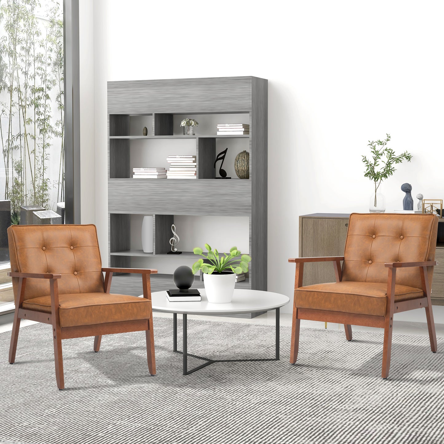 HOMCOM 2 Pack Retro-Style Accent Chair, with Faux Leather Seat - Brown - ChairwayUK