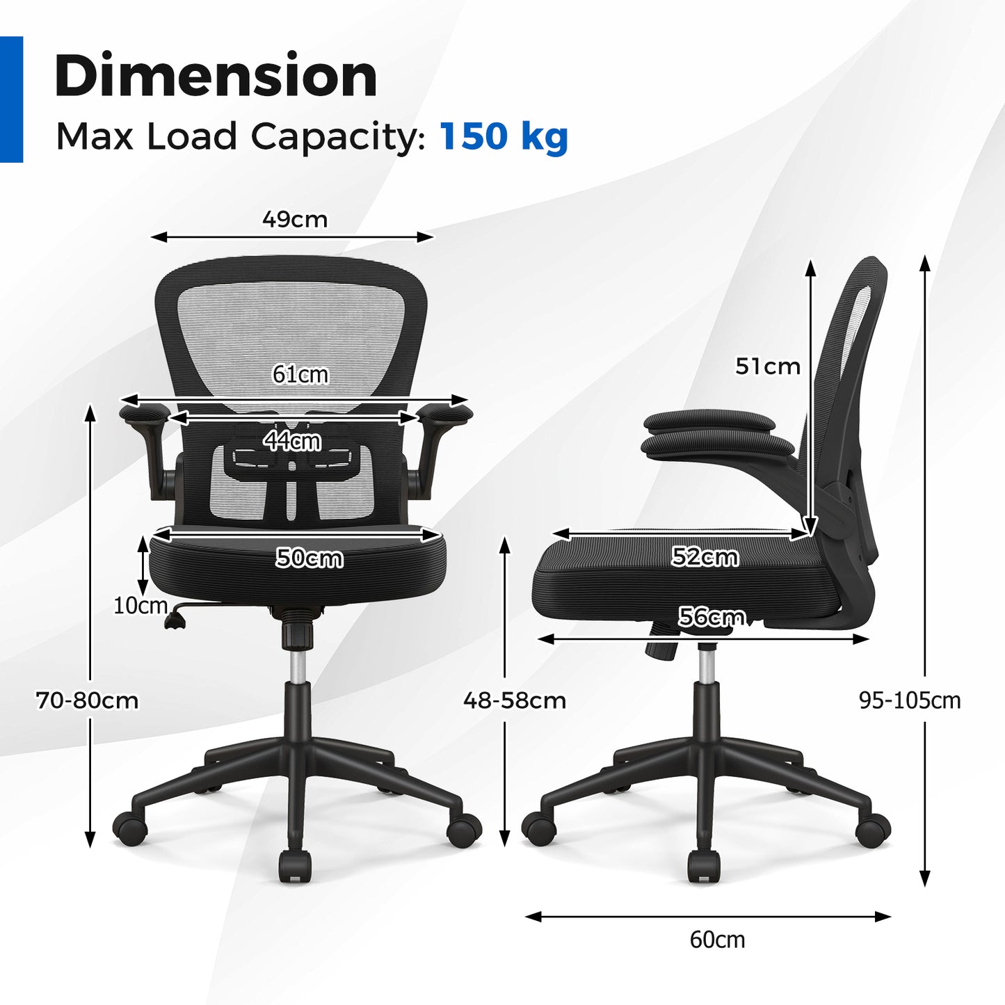 Ergonomic_Office_Chair_Adjustable_Swivel_Mesh_Task_Chair_with_Flip_Up_Armrests Dimensions