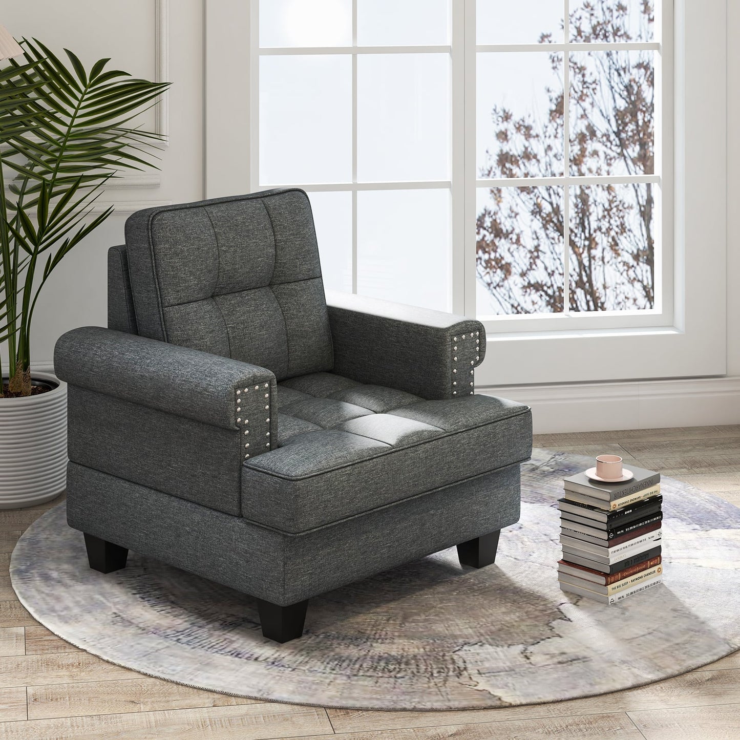 Mid-century Modern Accent Armchair Tufted Linen Club Chair with Pillow Main Beige Elegant living room with books