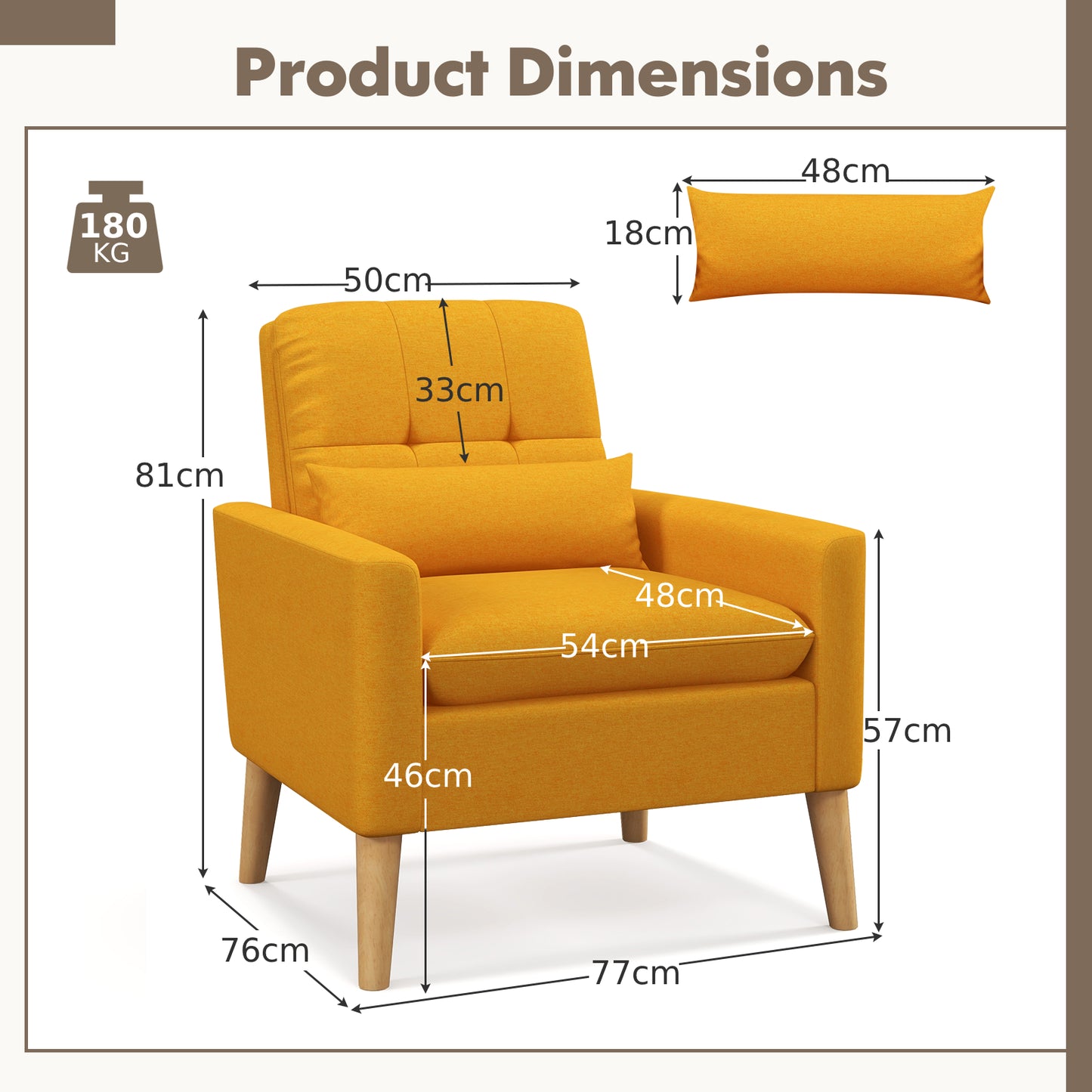 Mid-century Modern Accent Chair with Lumbar Pillow-Yellow Dimensions Pillow and weight 180KG