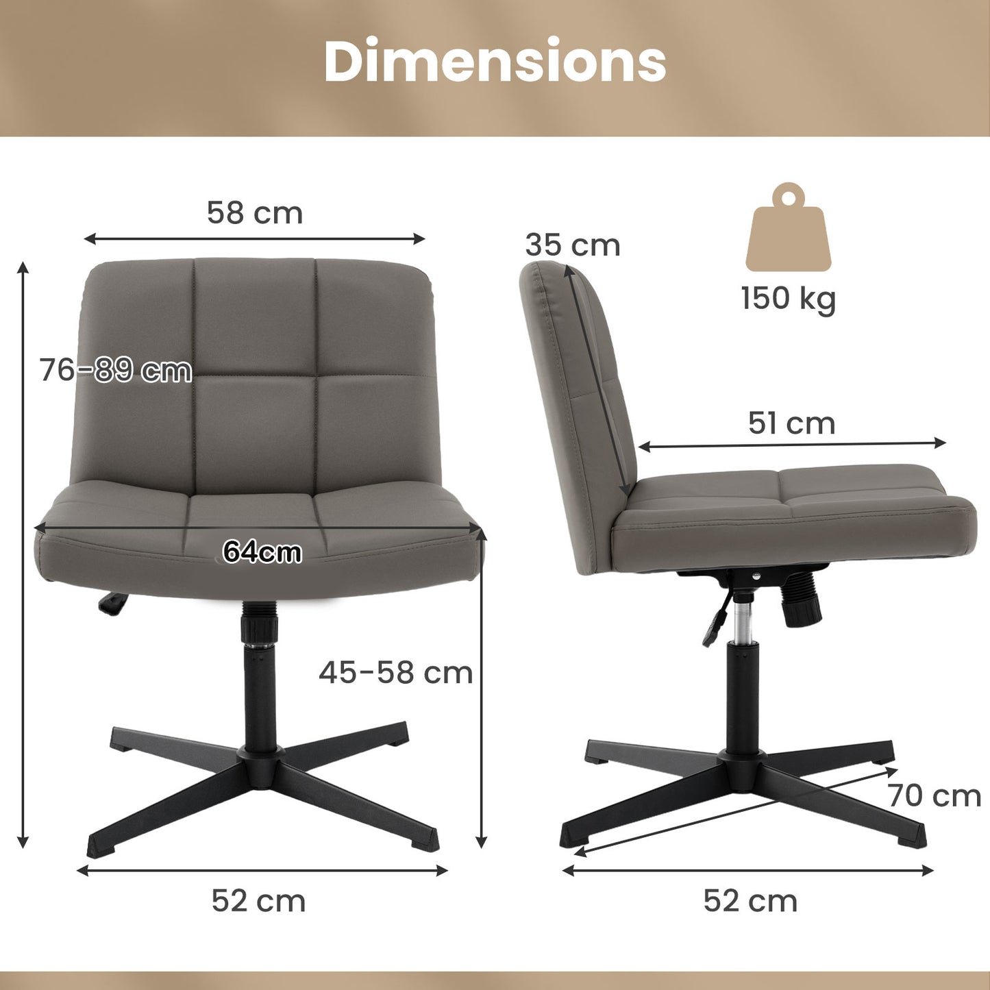 PU Leather Upholstered Armless Cross Legged Office Desk Chair No Wheels