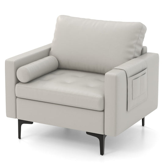 Armchair Single Sofa with Comfy Cushion and 3 Pockets for Living Room-Grey Pillow side pocket
