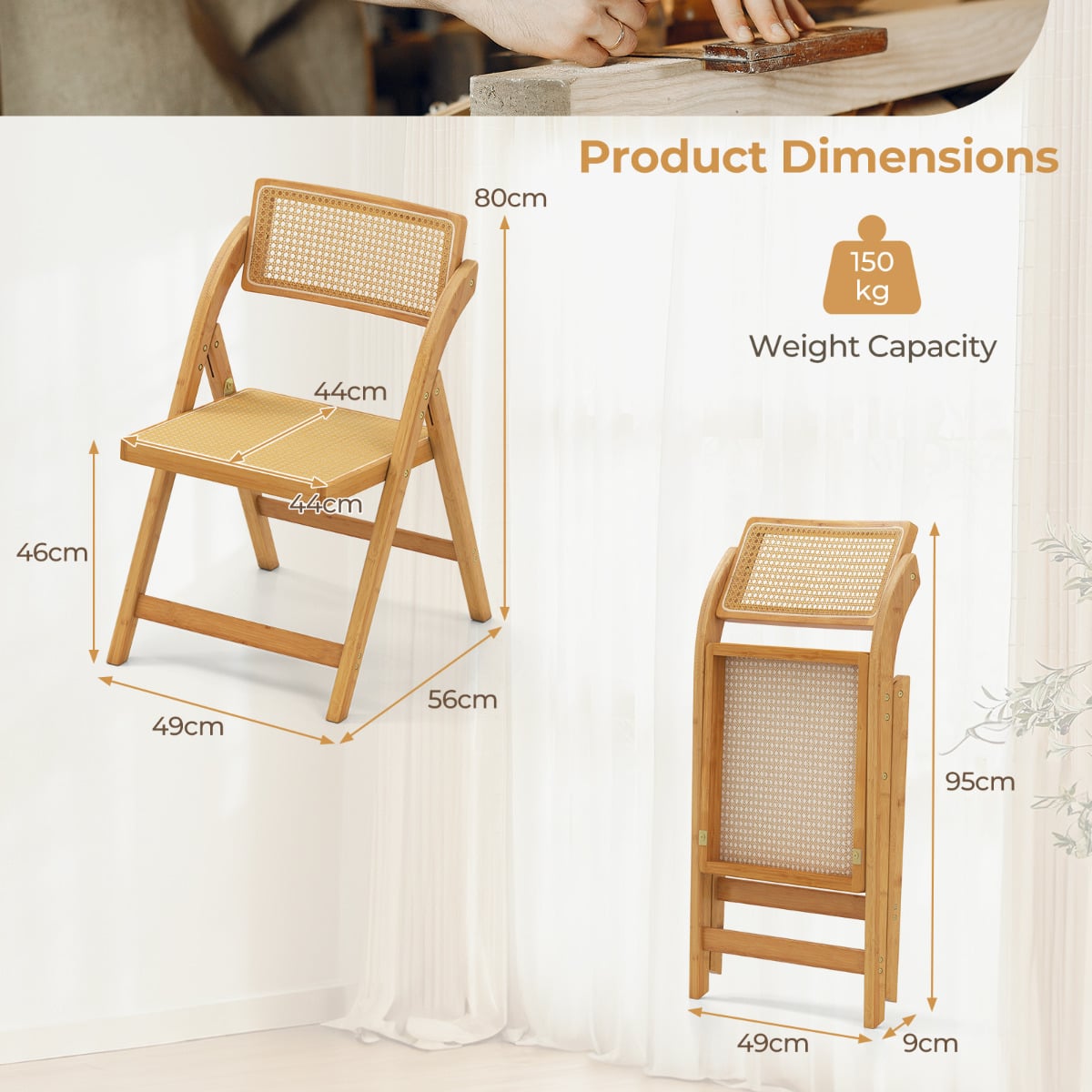 Boho Accent Rattan Cane Folding Chairs Set of 6 Bamboo Dining Chairs