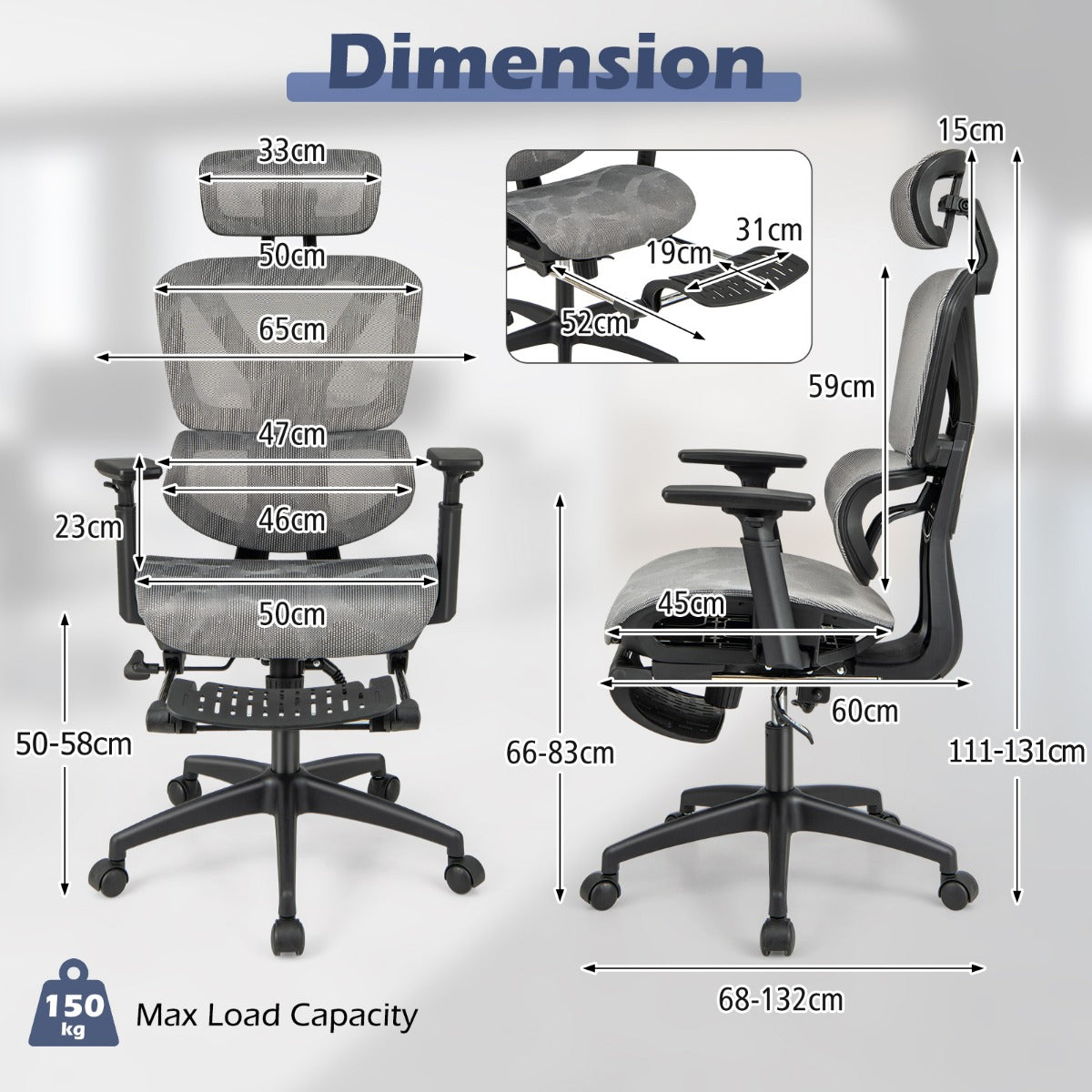 Mesh Office Chair with Retractable Footrest and Waterfall Seat Dimensions Heavy-duty 150kg load capacity Smooth mobility with universal wheels