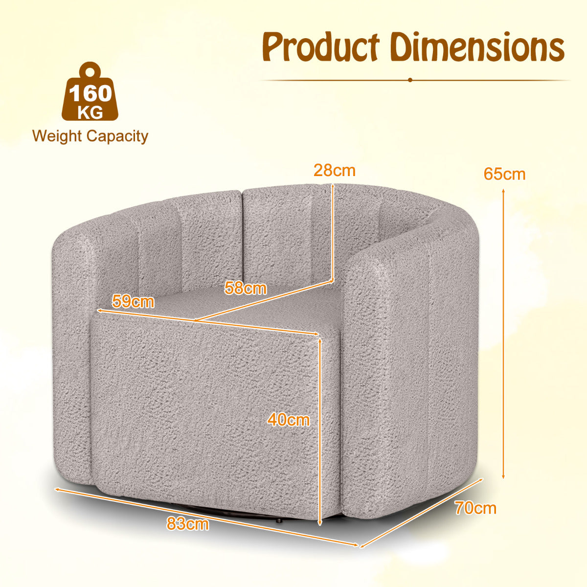 Upholstered Swivel Barrel Chair with Backrest and Armrest Grey Dimensions