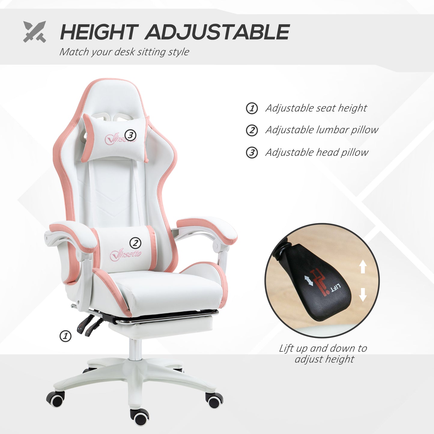 Image for Vinsetto Racing Gaming Chair, Reclining PU Leather Computer Chair with 360 Degree Swivel Seat, Footrest, Removable Headrest White and Pink