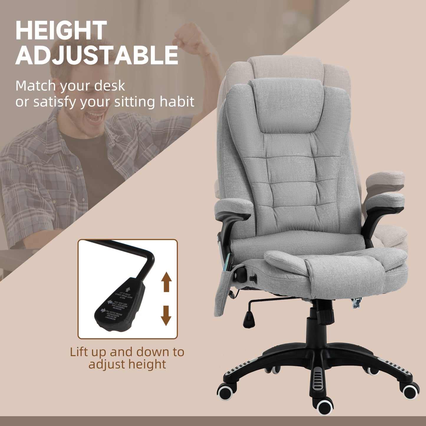 Image for Vinsetto Office Chair with Massager High Back Ergonomic Design with Heated Padded and 360° Swivel Base for Home Office, Gaming, Light Grey