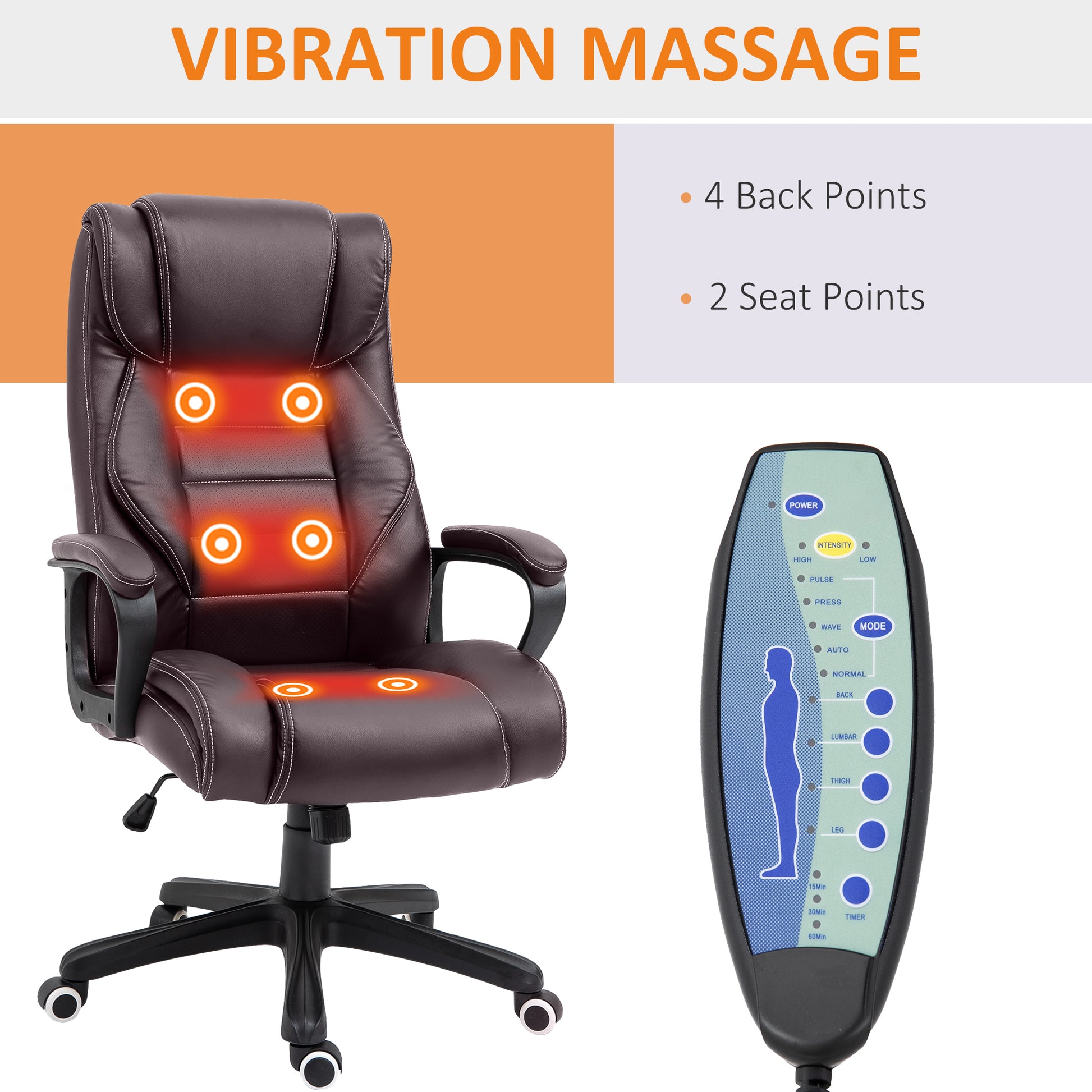 Image for Vinsetto High Back Executive Office Chair 6- Point Vibration Massage Extra Padded Swivel Ergonomic Tilt Desk Seat, Brown