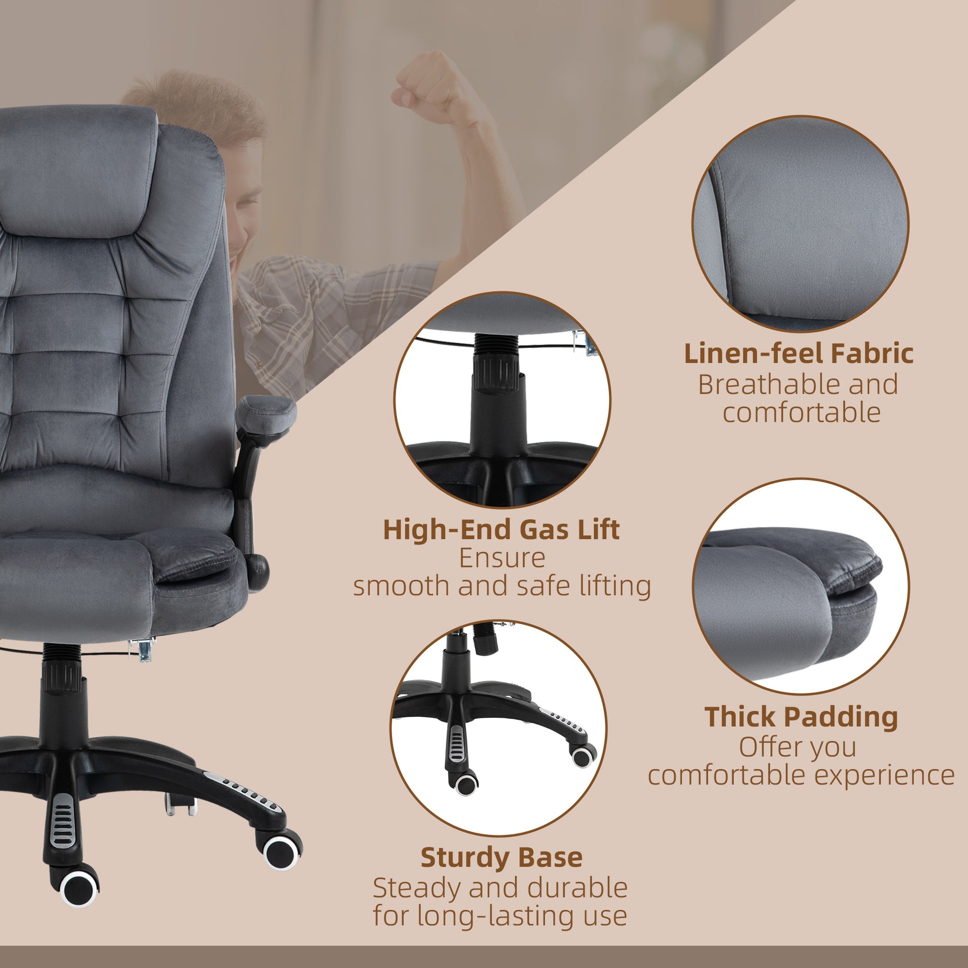 Image for Vinsetto Heated Massage Office Chair with Six Massage Points, Reclining Office Chair with Velvet-Feel Fabric 360° Swivel Wheels, Grey