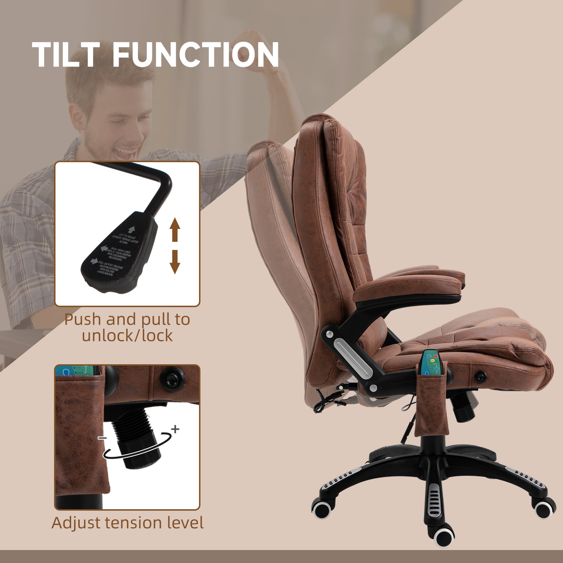 Image for Vinsetto Massage Recliner Chair Heated Office Chair with Six Massage Points Microfiber Cloth 360° Swivel Wheels Brown