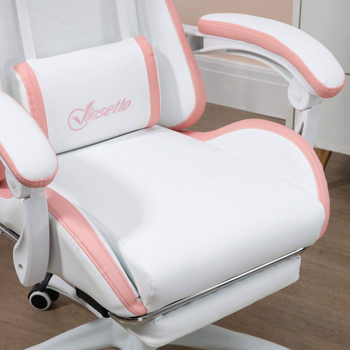 Image for Vinsetto Racing Gaming Chair, Reclining PU Leather Computer Chair with 360 Degree Swivel Seat, Footrest, Removable Headrest White and Pink