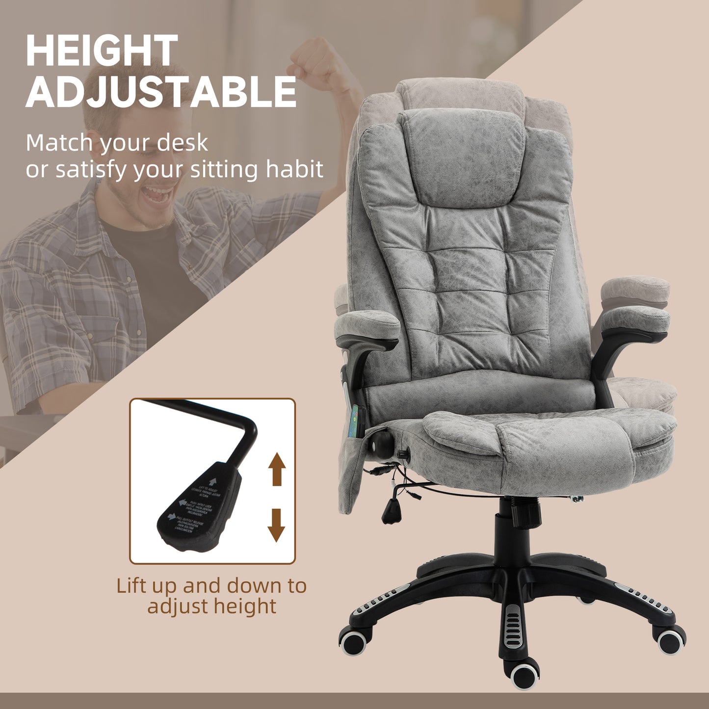 Image for Vinsetto Massage Recliner Chair Heated Office Chair with Six Massage Points Microfiber Cloth 360° Swivel Wheels Grey