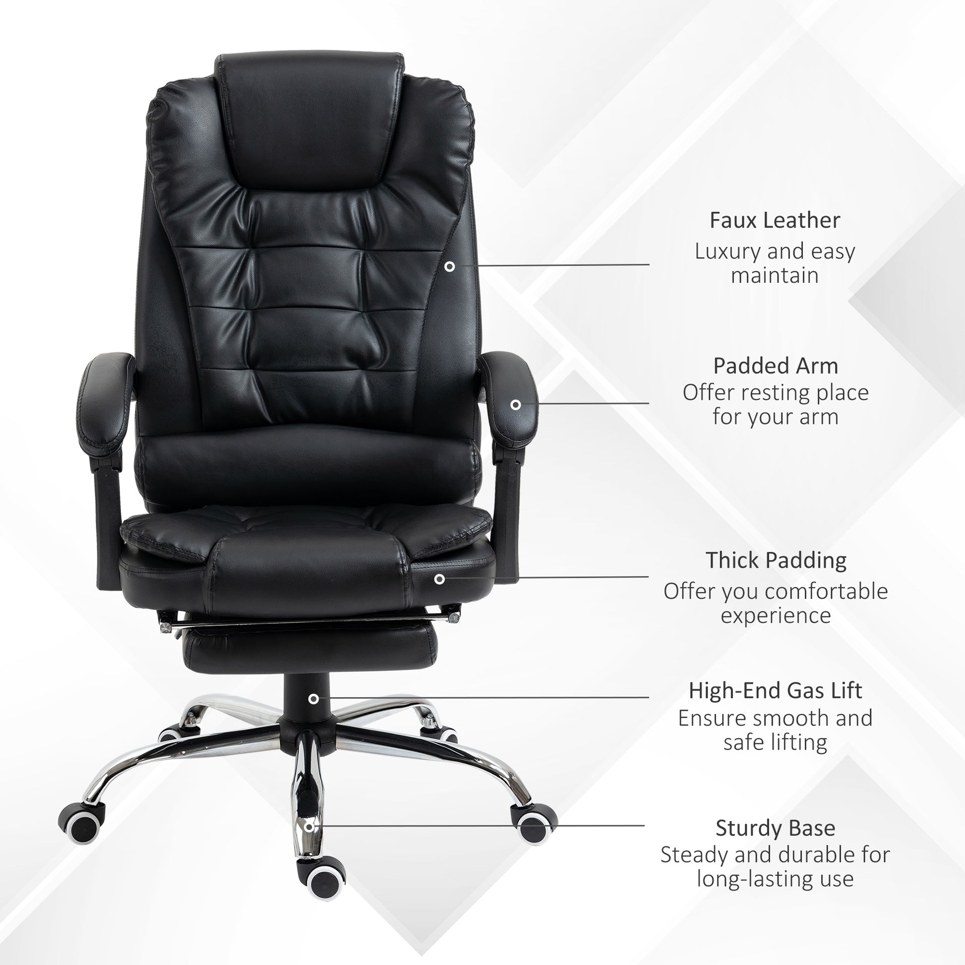 Image for HOMCOM Executive Office Chair, All-round Adjustable PU Leather Home Office Chair with Swivel Wheels, Reclining Backrest, Retractable Footrest, Black