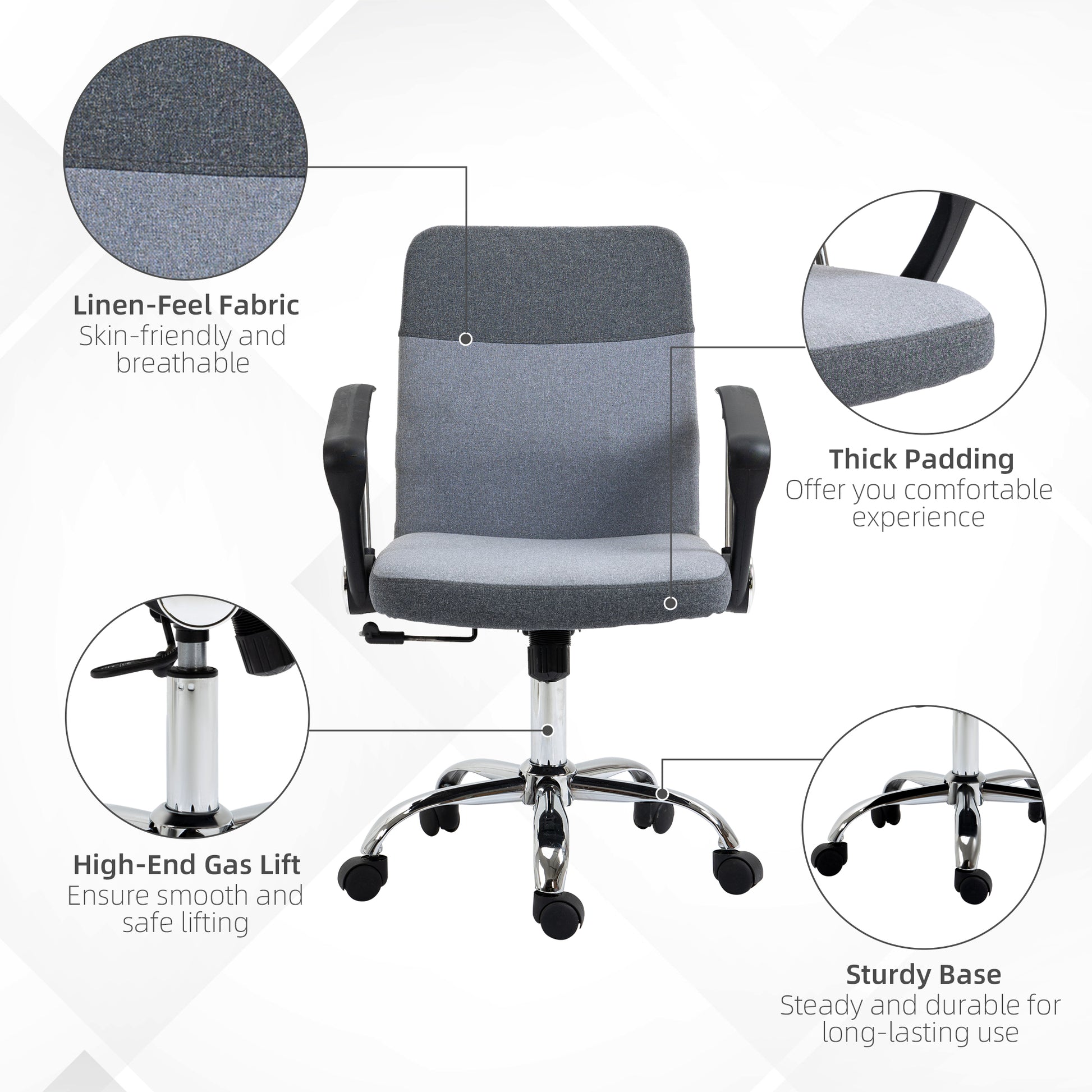 Image for Vinsetto Ergonomic Office Chair Linen Fabric Swivel Computer Desk Chair Home Study Adjustable Chair with Wheels, Grey