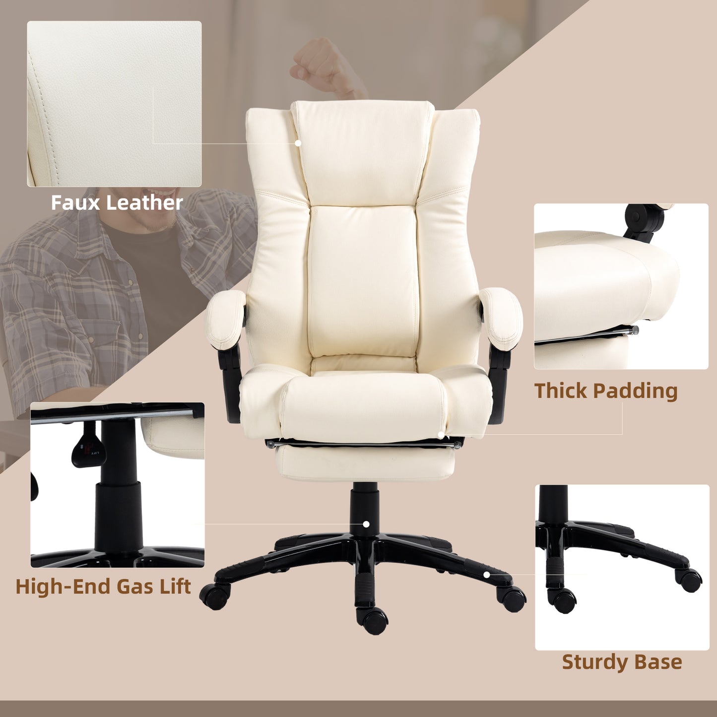 Image for Vinsetto PU Leather Office Chair, Swivel Computer Chair with Footrest, Wheels, Adjustable Height, Cream White