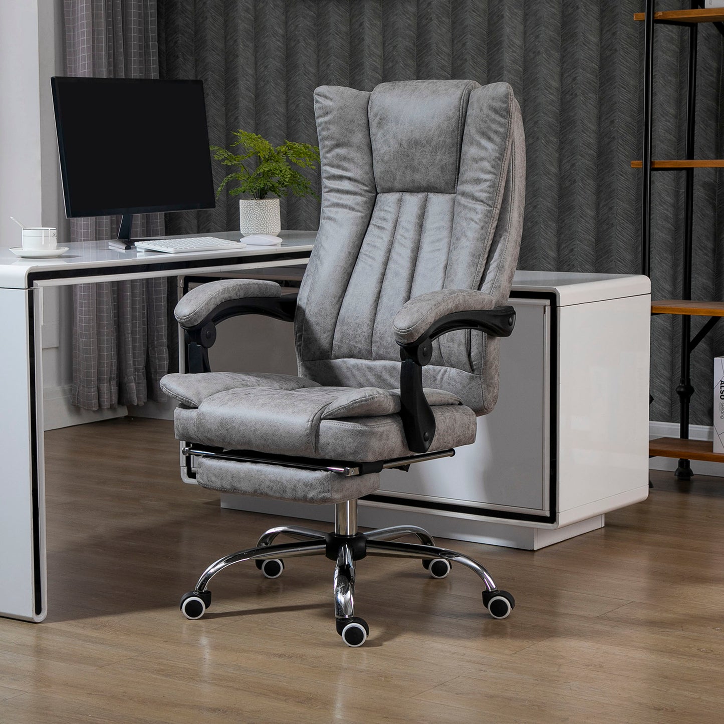 Image for Vinsetto Home Office Chair Microfibre Desk Chair with Reclining Function Armrests Swivel Wheels Footrest Grey