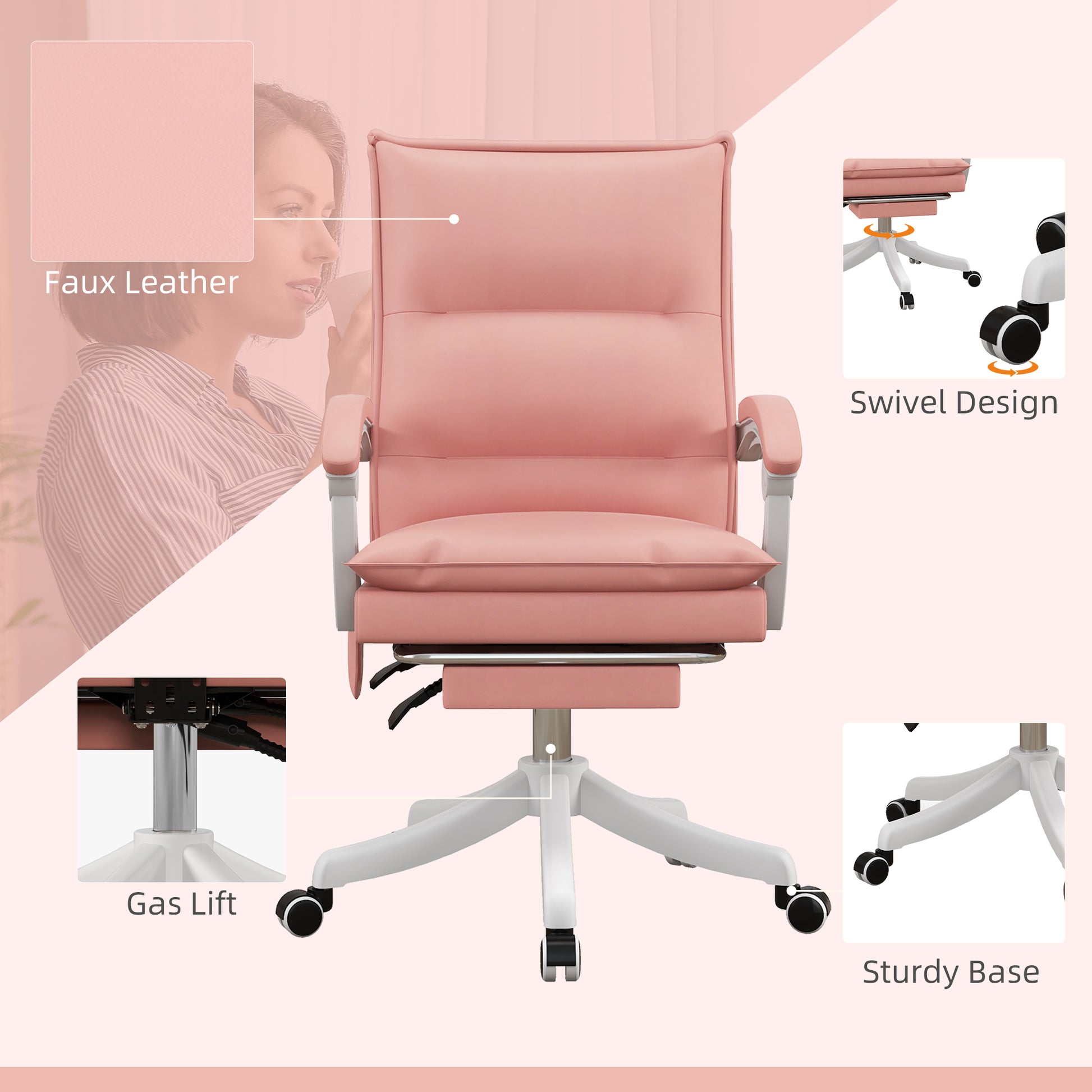 Image for Vinsetto Vibration Massage Office Chair with Heat, Faux Leather Computer Chair with Footrest, Armrest, Reclining Back, Double-tier Padding, Pink