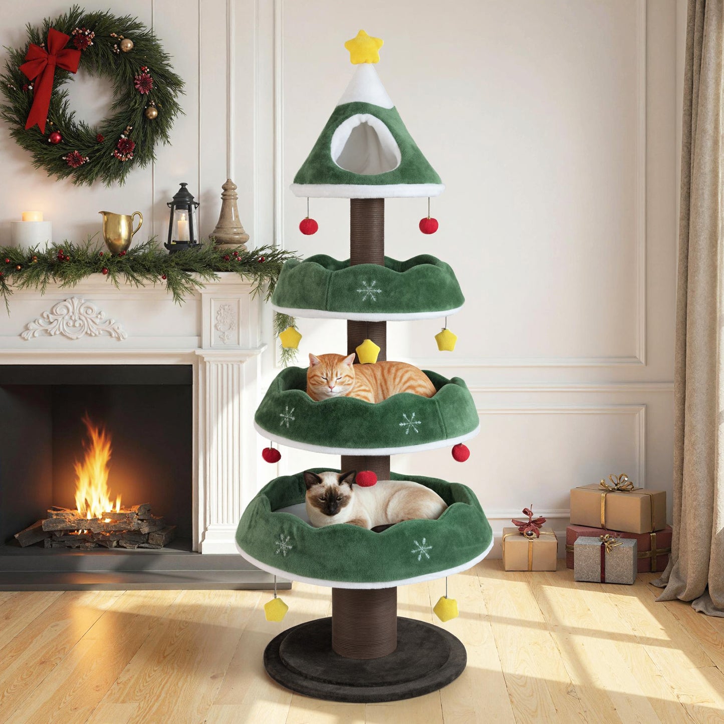 179 CM Tall Christmas Cat Tree Multi-Level Kitten Tower with 3 Plush Platforms-Green