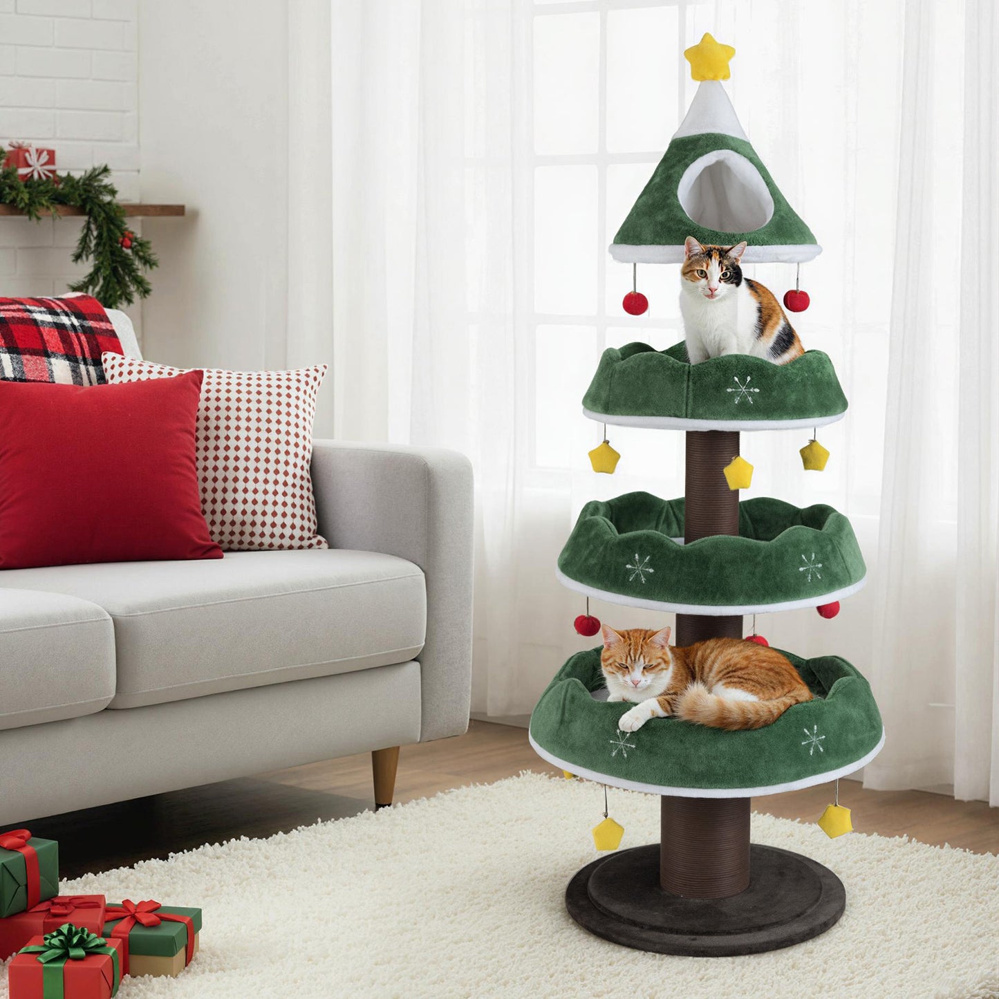 179 CM Tall Christmas Cat Tree Multi-Level Kitten Tower with 3 Plush Platforms-Green