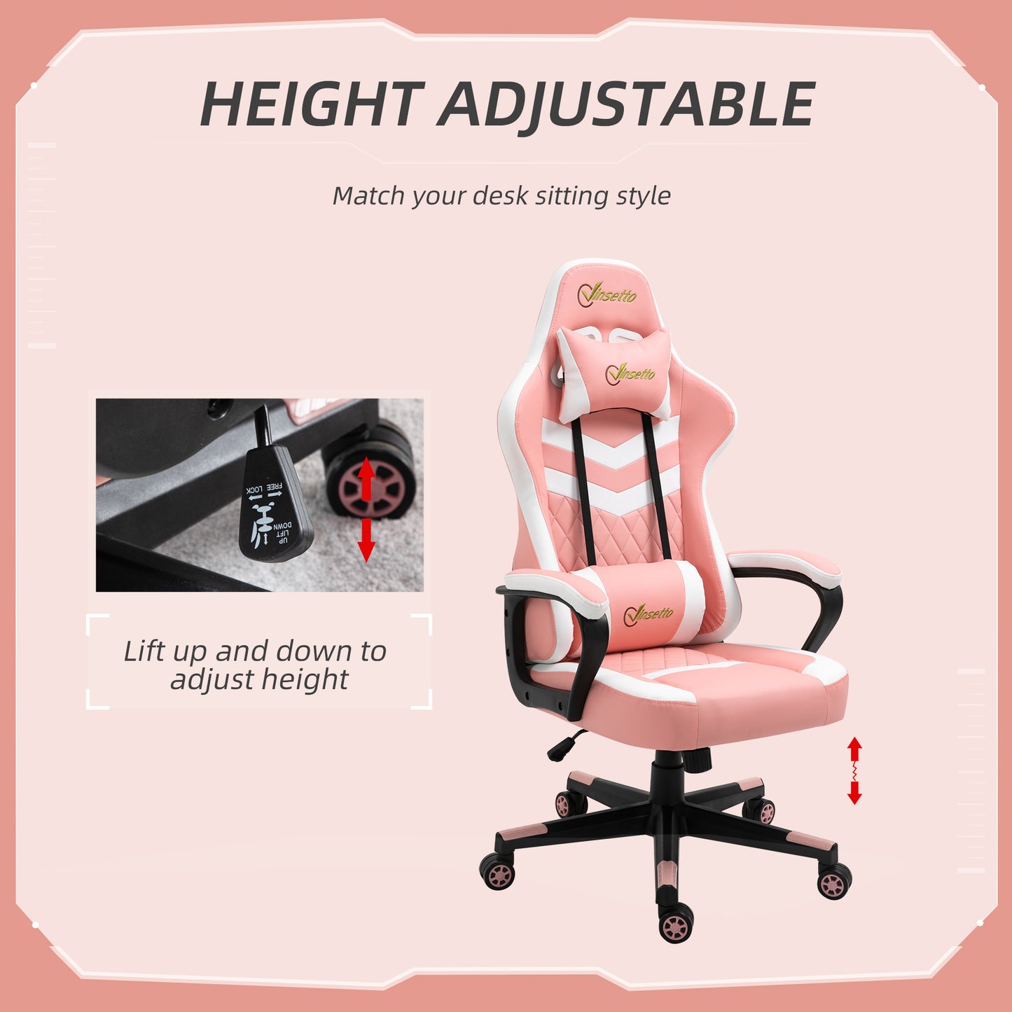 Image for Vinsetto Racing Gaming Chair with Lumbar Support, Headrest, Swivel Wheel, PVC Leather Gamer Desk Chair for Home Office, Pink White