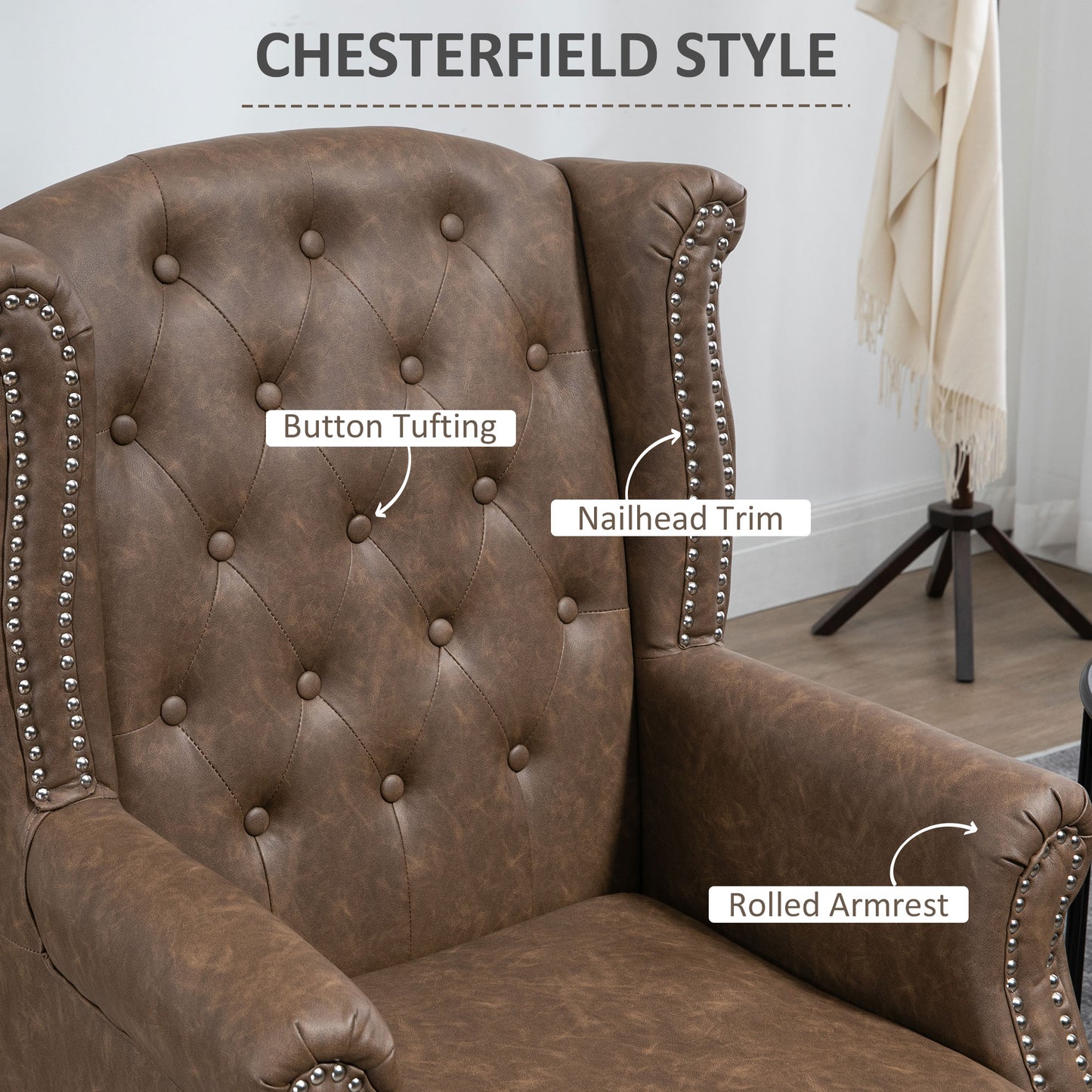 HOMCOM Wingback Accent Chair Tufted Chesterfield-style Armchair with Nail Head Trim for Living Room Bedroom - ChairwayUK