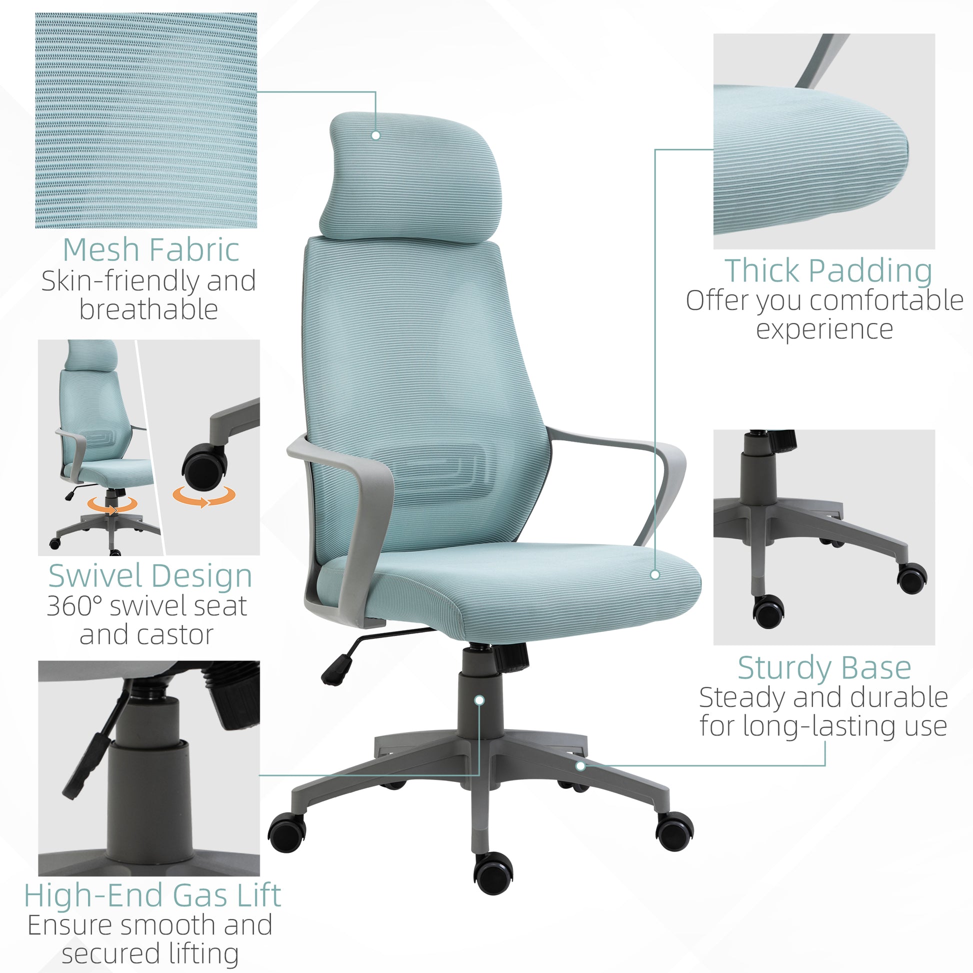 Image for Vinsetto Ergonomic Office Chair w/ Wheel, High Mesh Back, Adjustable Height Home Office Chair - Blue