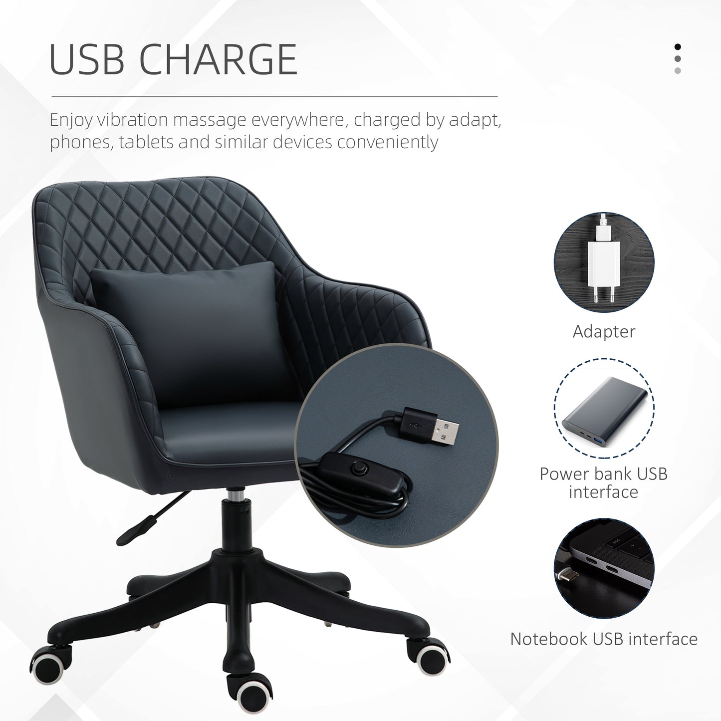 Image for Vinsetto PU Leather Office Chair with Rechargeable Electric Vibration Massage Lumbar Pillow, Wheels, Blue