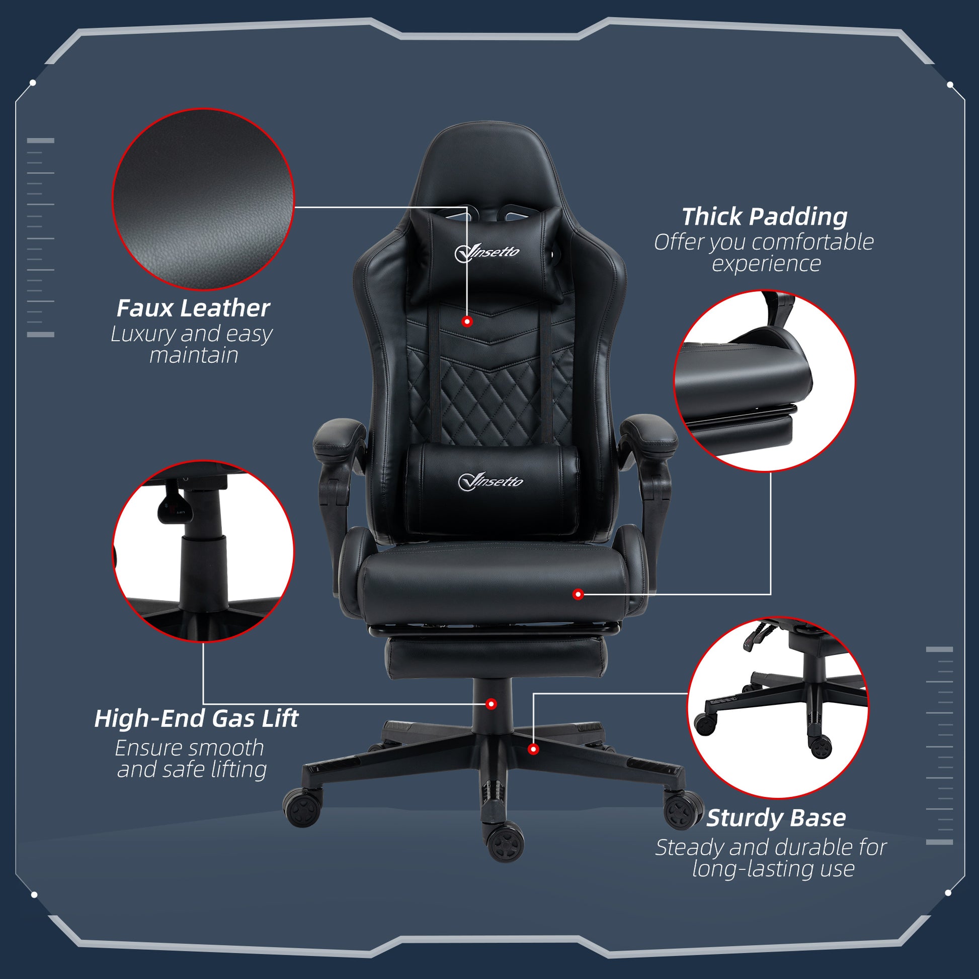 Image for Vinsetto Racing Gaming Chair with Swivel Wheel, Footrest, PU Leather Recliner Gamer Desk for Home Office, Black