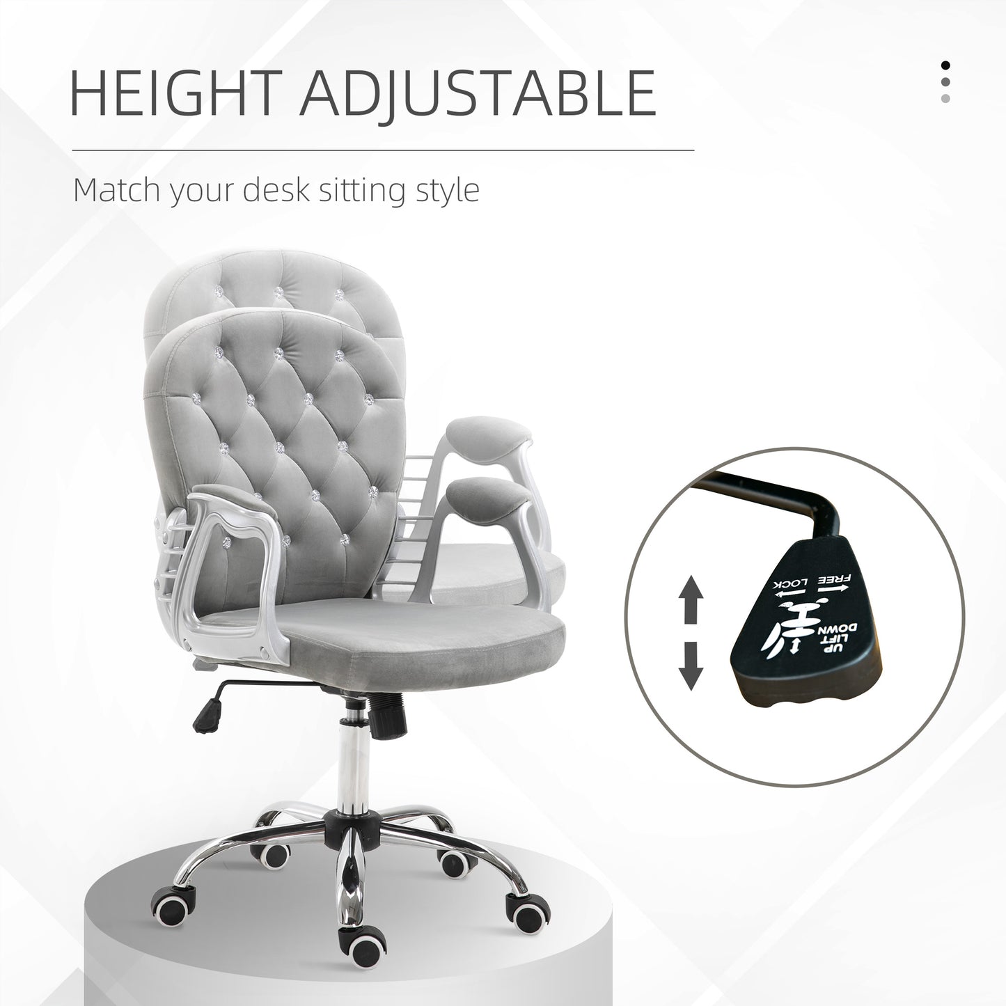 Image for Vinsetto Office Chair Ergonomic 360° Swivel Diamond Tufted Home Work Velour Padded Base 5 Castor Wheels Grey