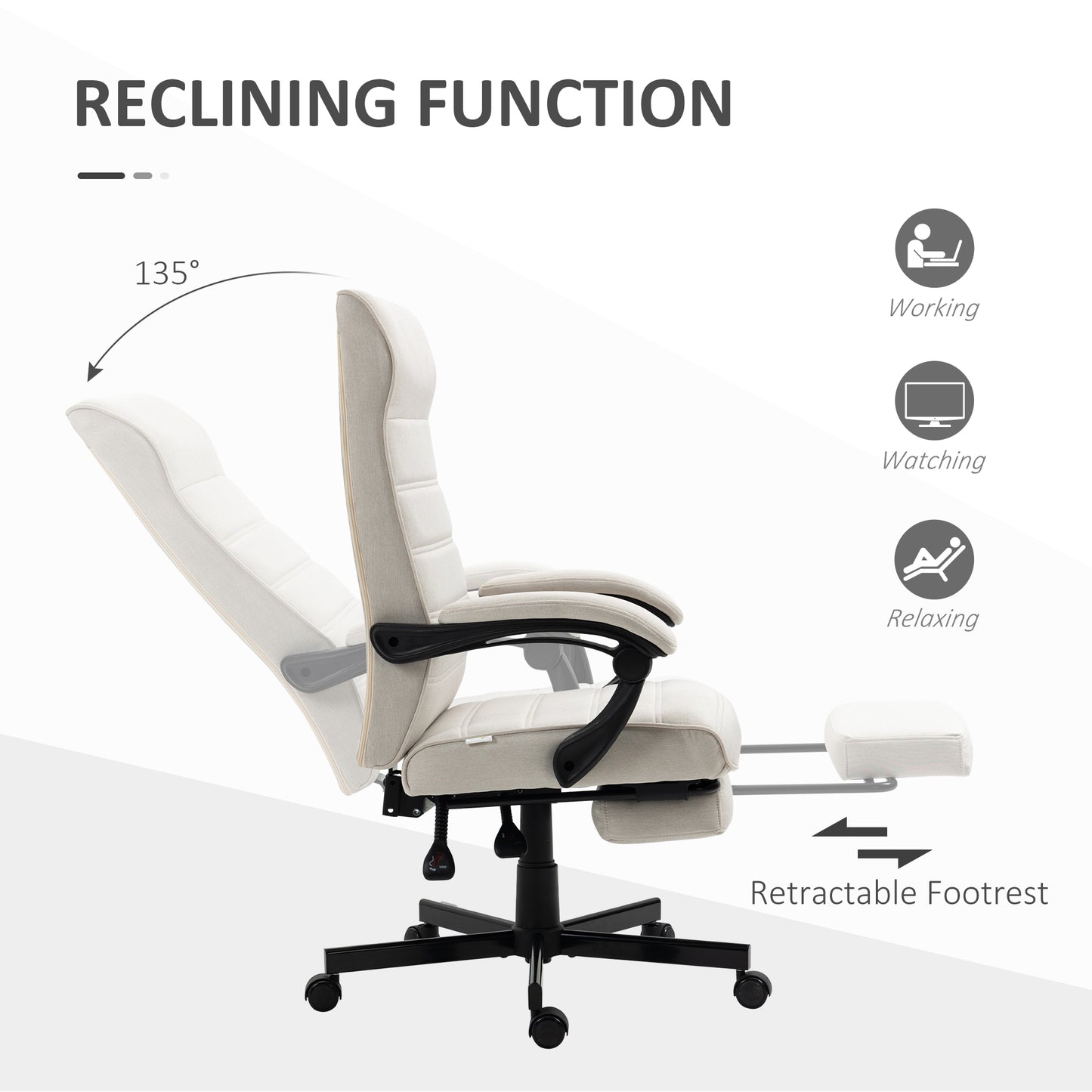 Image for Vinsetto High-Back Home Office Chair, Linen Swivel Reclining Chair with Adjustable Height, Footrest and Padded Armrest for Living Room Cream White