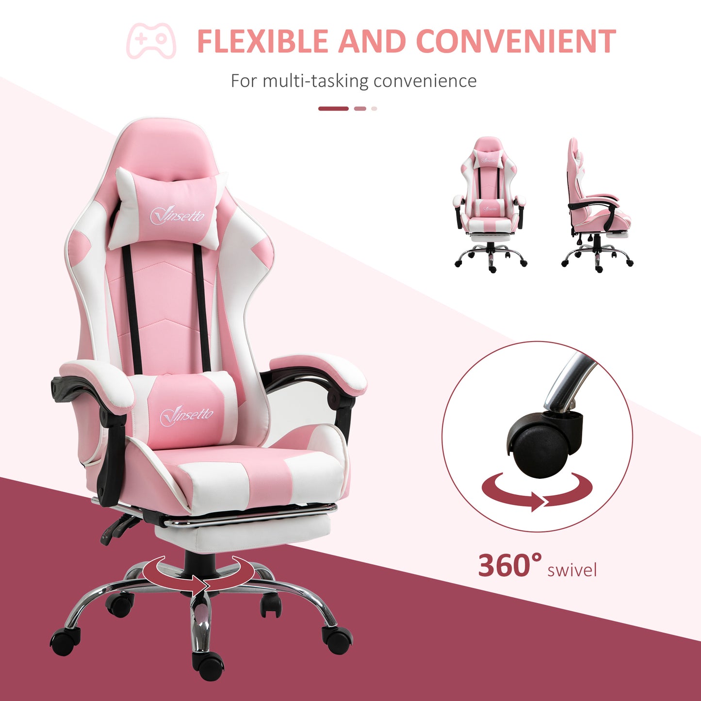 Image for Vinsetto Racing Gaming Chair with Lumbar Support, Head Pillow, Swivel Wheels, High Back Recliner Gamer Desk Chair for Home Office, Pink