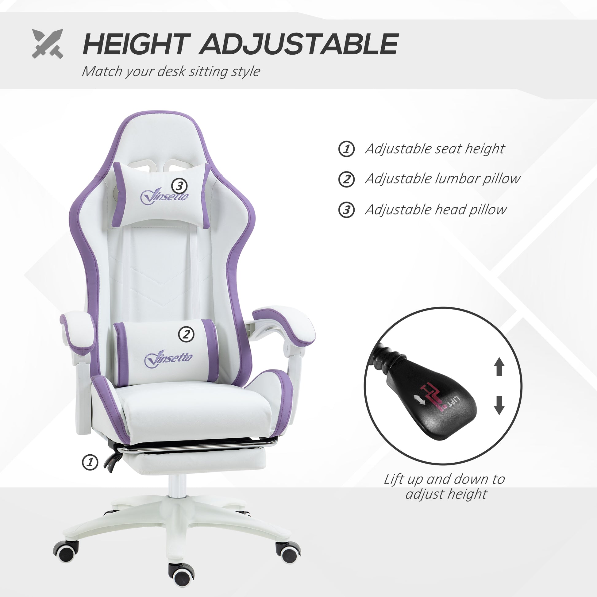 Image for Vinsetto Racing Gaming Chair, Reclining PU Leather Computer Chair with 360 Degree Swivel Seat, Footrest, Removable Headrest and Lumber Support, Purple