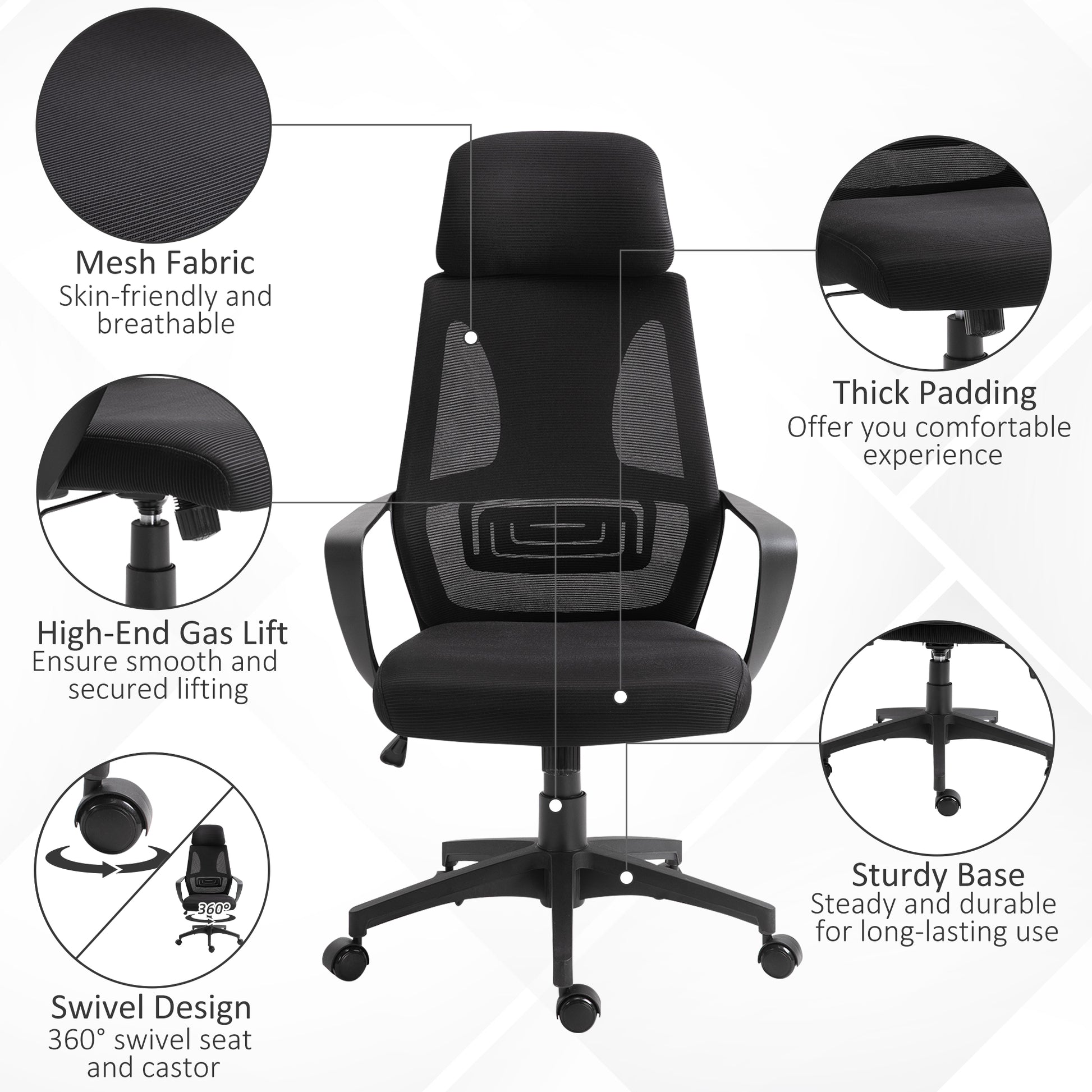 Image for Vinsetto Ergonomic Office Chair w/ Wheel, High Mesh Back, Adjustable Height Home Office Chair - Black