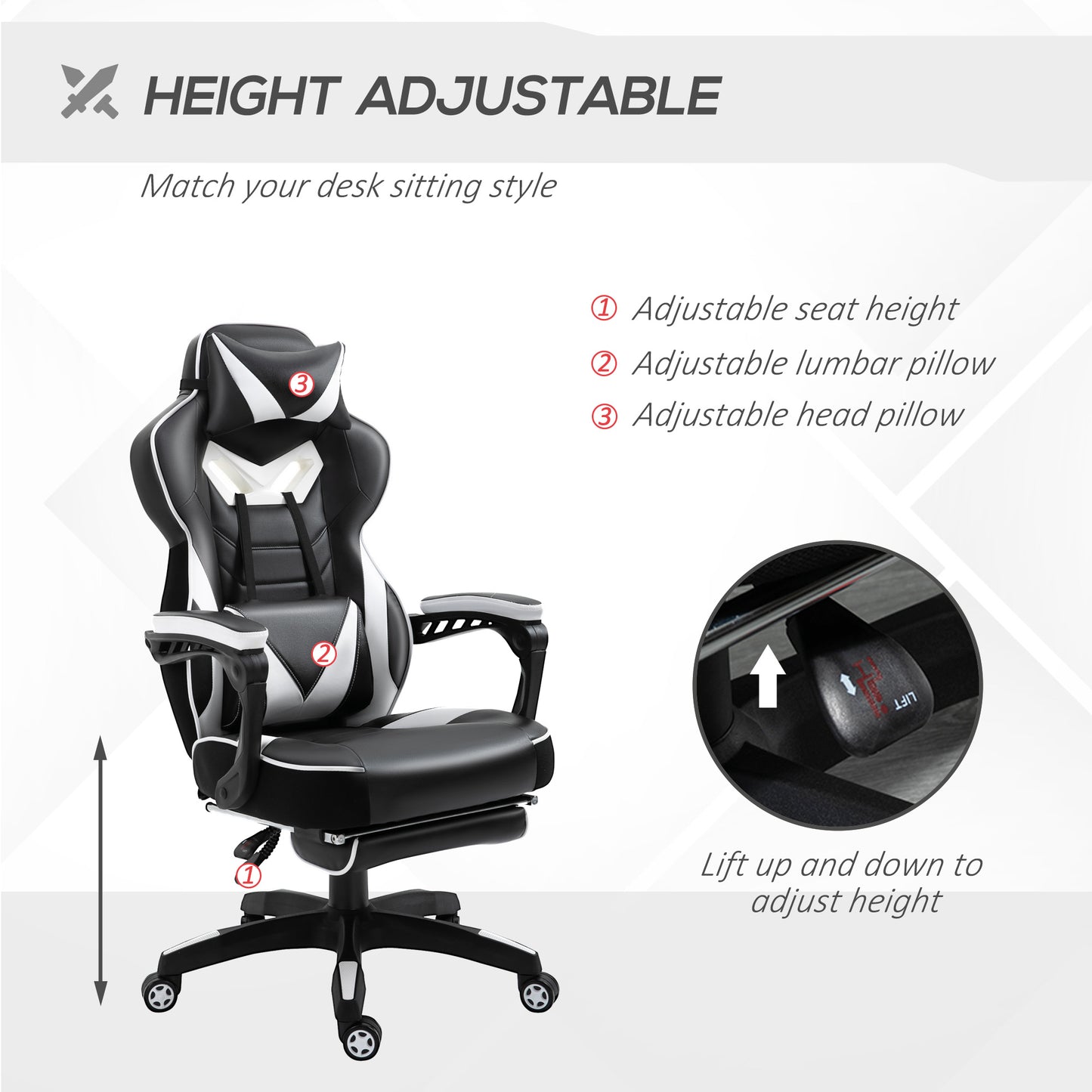 Image for Vinsetto Ergonomic Racing Gaming Chair Office Desk Chair Adjustable Height Recliner with Wheels, Headrest, Lumbar Support, Retractable Footrest White