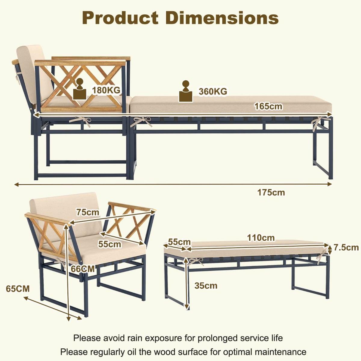 2 Pieces Patio Furniture Set with Cushion and Acacia Wood Armrests-Brown