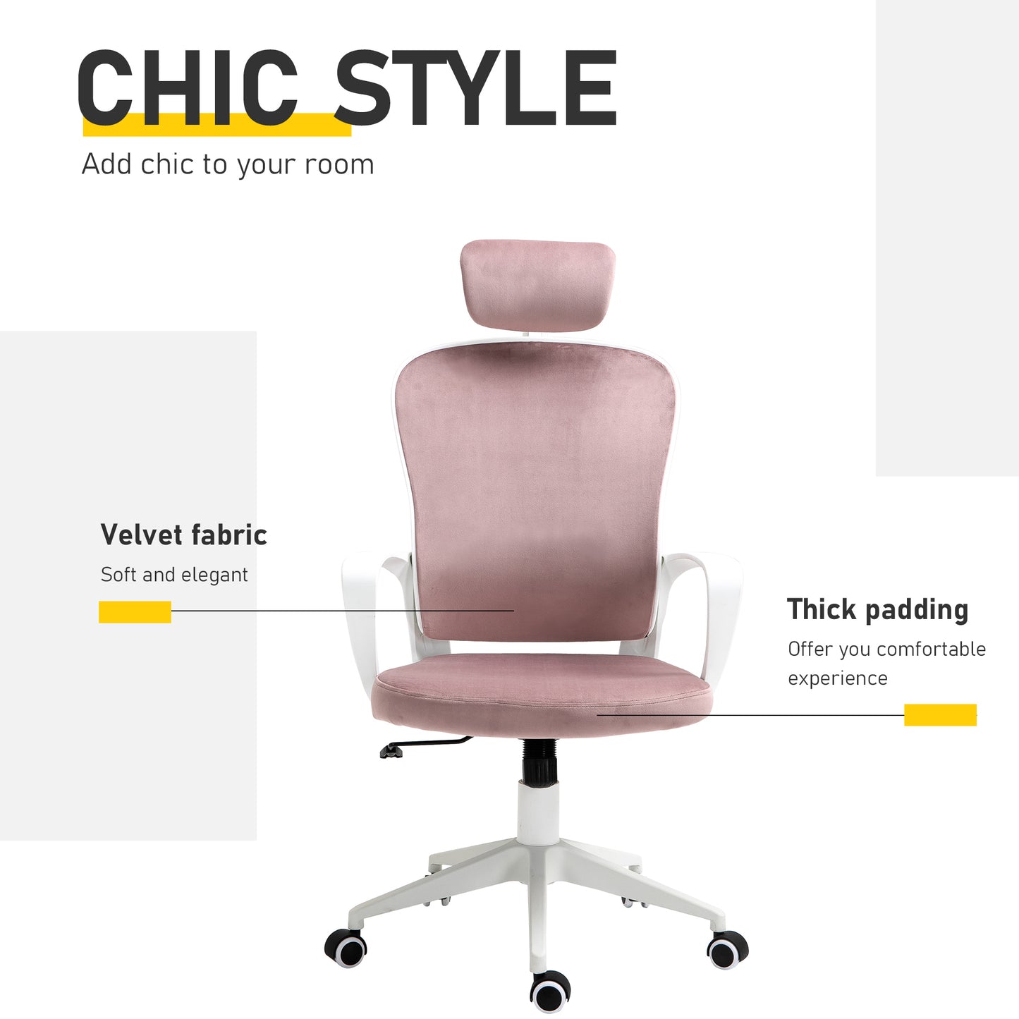 Image for Vinsetto High-Back Office Chair Velvet Style Fabric Computer Home Rocking with Wheels, Rotatable Liftable Headrest, Pink