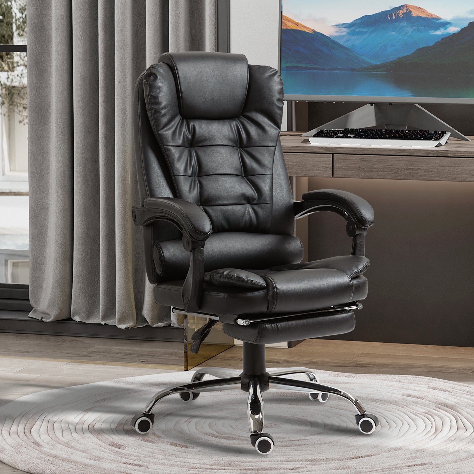 Image for HOMCOM Executive Office Chair, All-round Adjustable PU Leather Home Office Chair with Swivel Wheels, Reclining Backrest, Retractable Footrest, Black