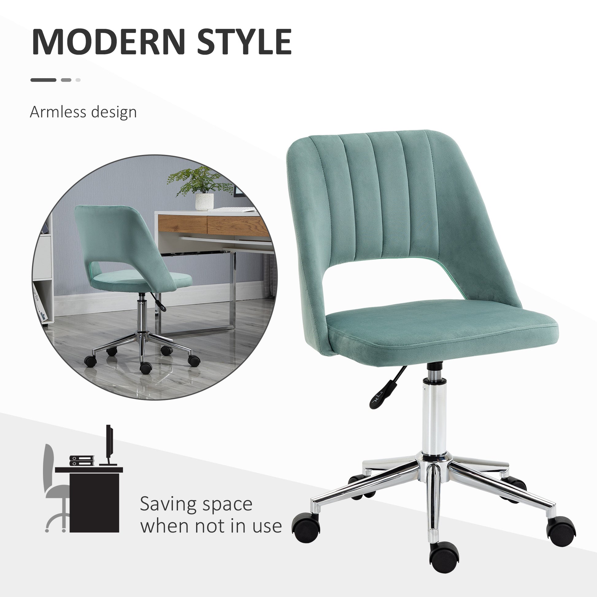 Image for Vinsetto Mid Back Office Chair Velvet Fabric Swivel Scallop Shape Computer Desk Chair for Home Study Bedroom Green