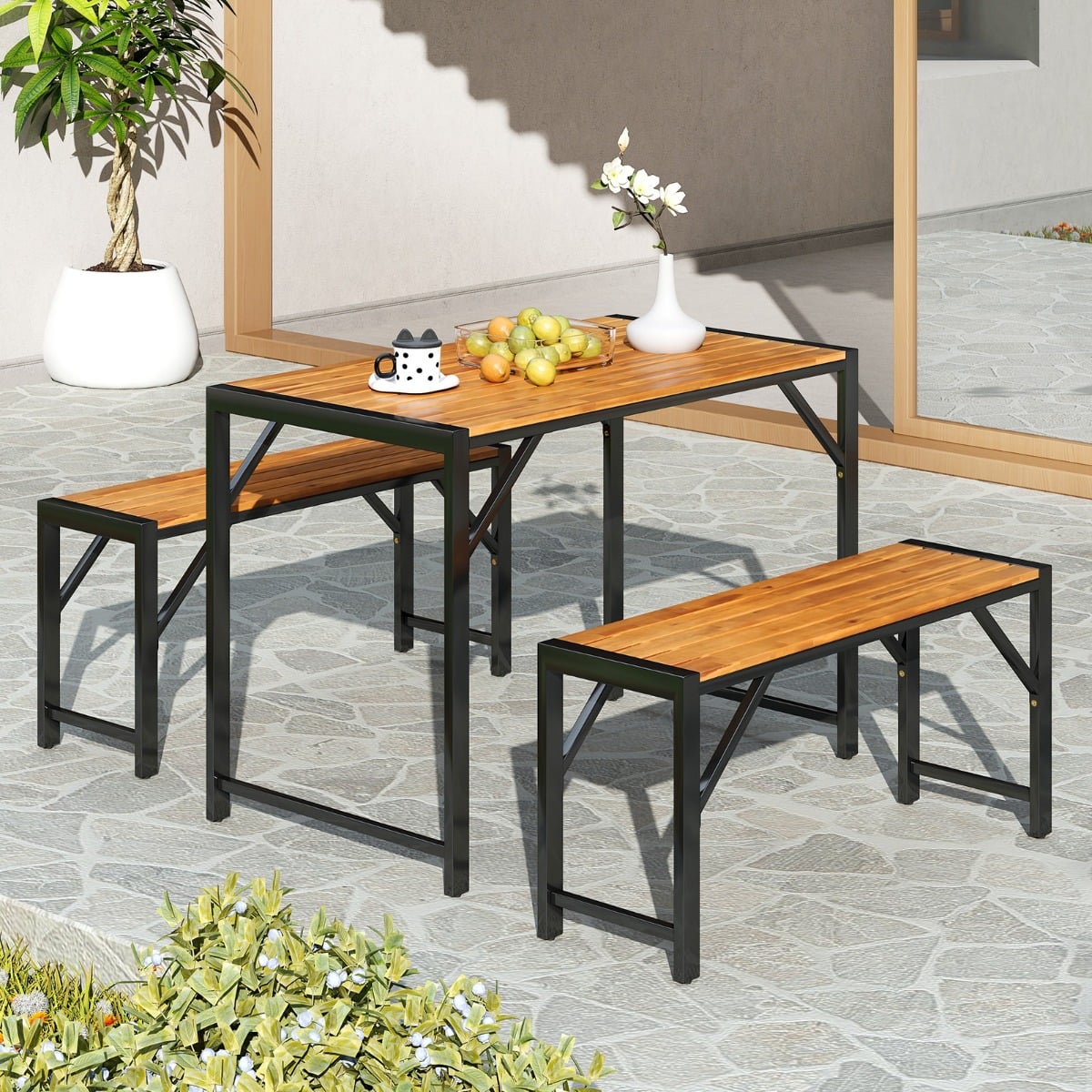 3-Pieces Patio Dining Set with Outdoor Picnic Table and 2 Benches for 4 People