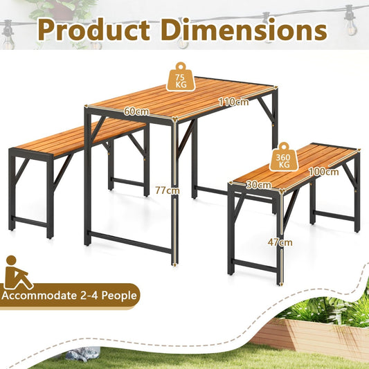 3-Pieces Patio Dining Set with Outdoor Picnic Table and 2 Benches for 4 People