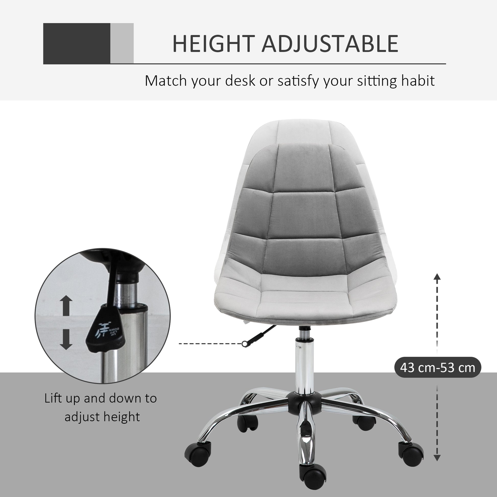 Image for Vinsetto Ergonomic Office Chair with Adjustable  Height and Wheels Velvet Executive Chair Armless for Home Study Bedroom Grey