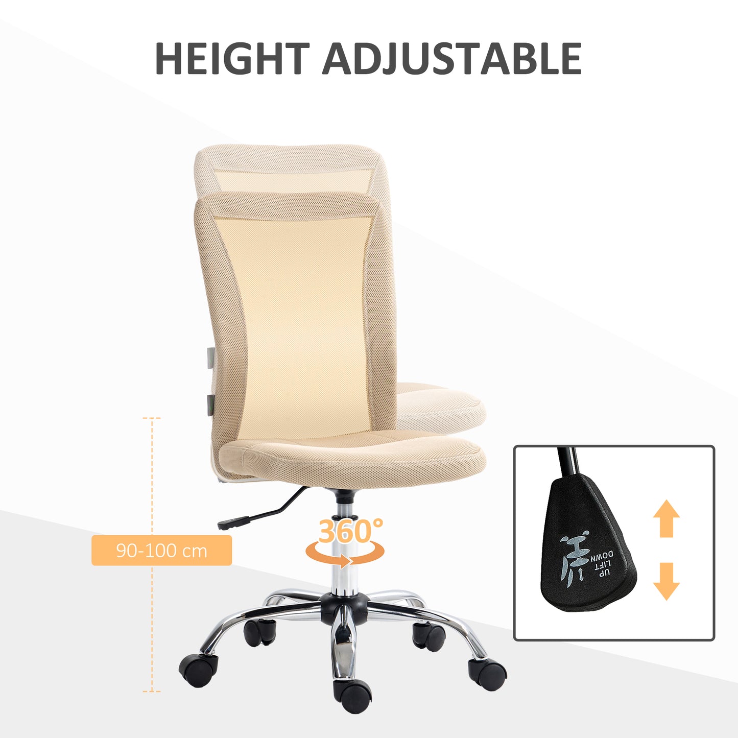 Image for Vinsetto Computer Desk Chair, Mesh Office Chair with Adjustable Height and Swivel Wheels, Armless Study Chair, Beige