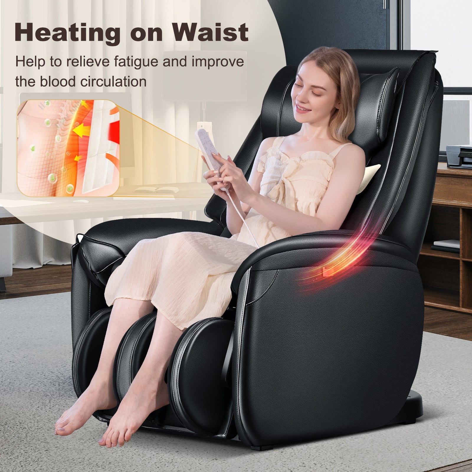 3D Zero Gravity Massage Chair with Full Body Massage and Back Heater -Black heater on waist to relieve pains