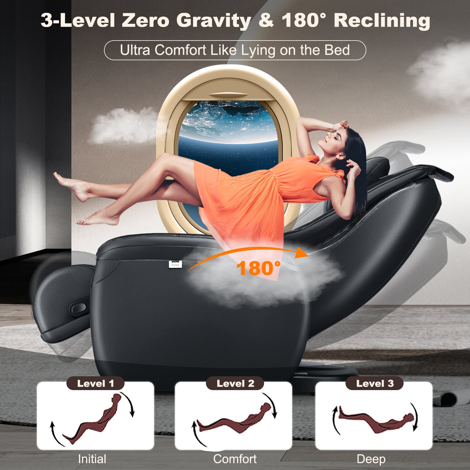 3D Zero Gravity Massage Chair with Full Body Massage and Back Heater -Black to relieve muscle tension and daily fatigue and Improves blood circulation with heat therapy Reduces joint pressure with zero gravity positioning